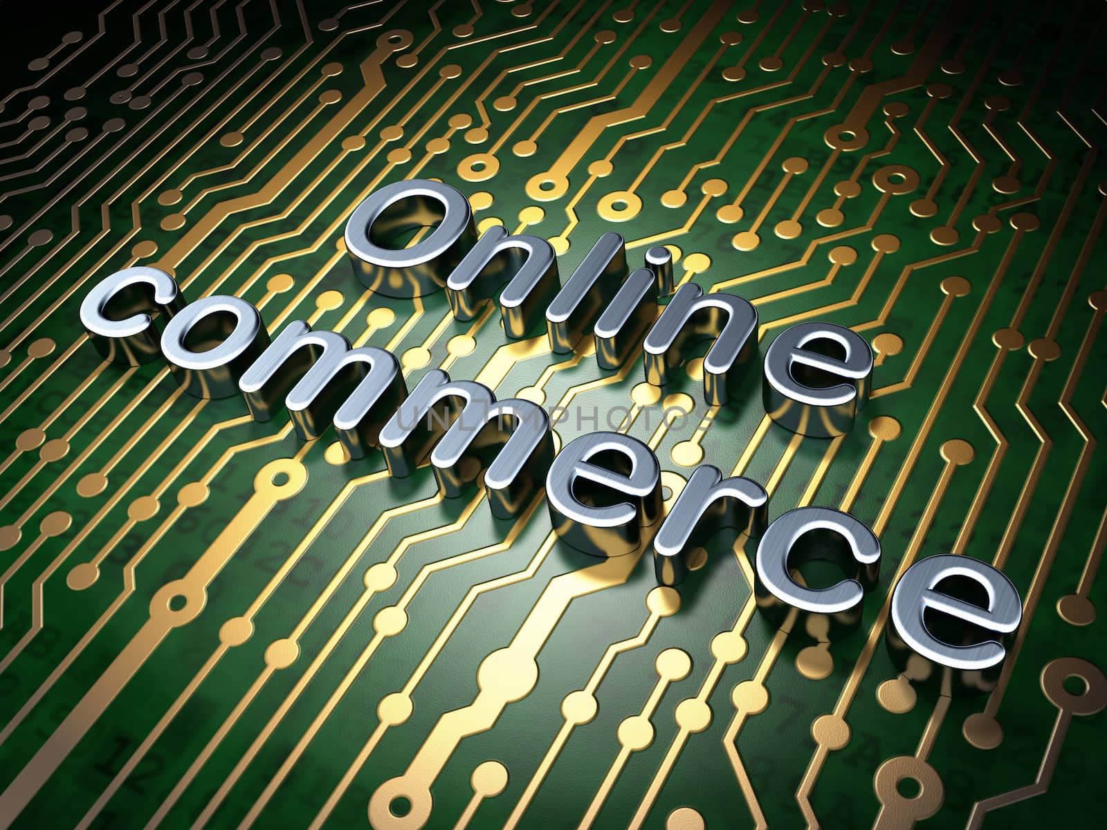 Business concept: circuit board with word Online Commerce, 3d render