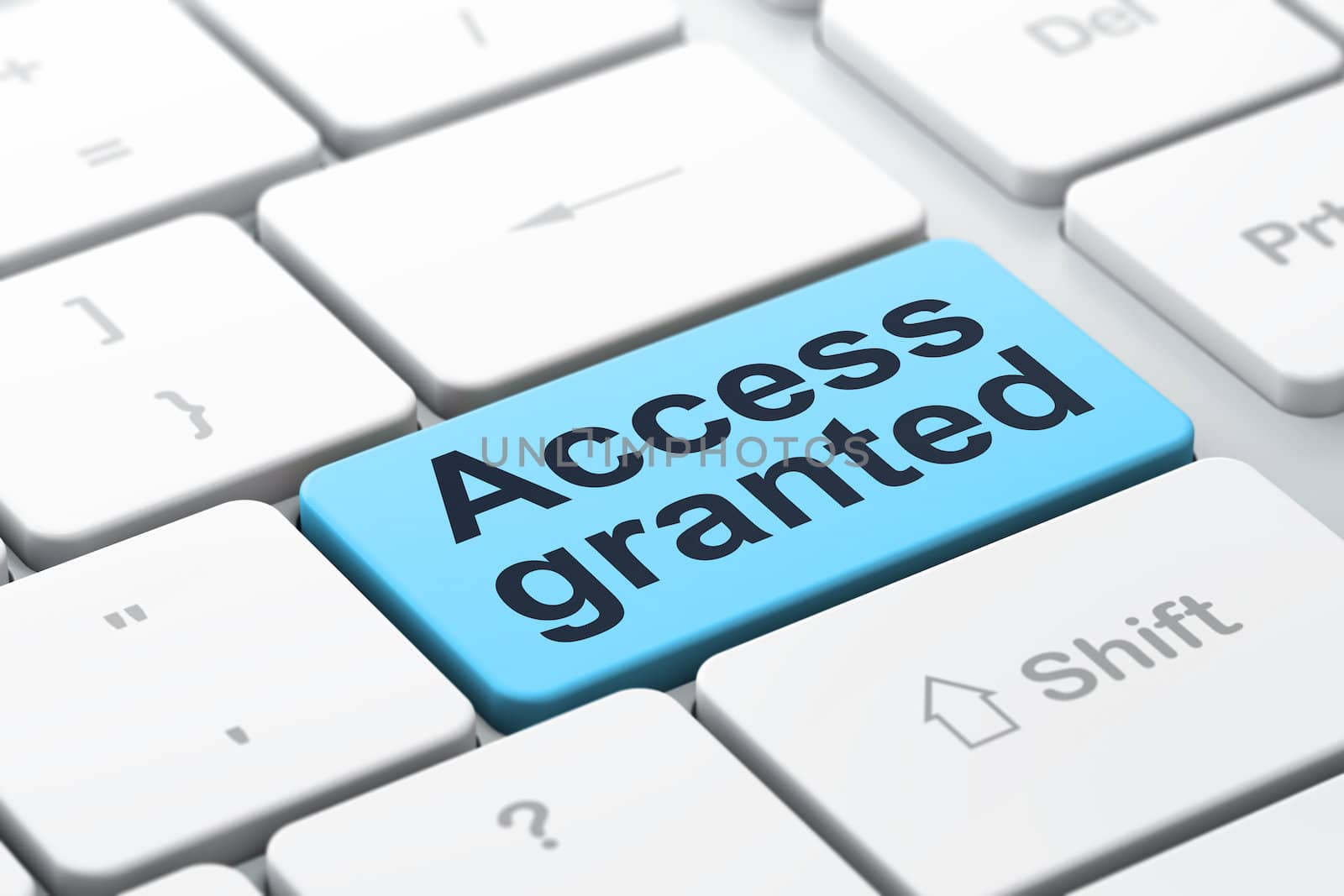 Privacy concept: computer keyboard with word Access Granted, selected focus on enter button background, 3d render