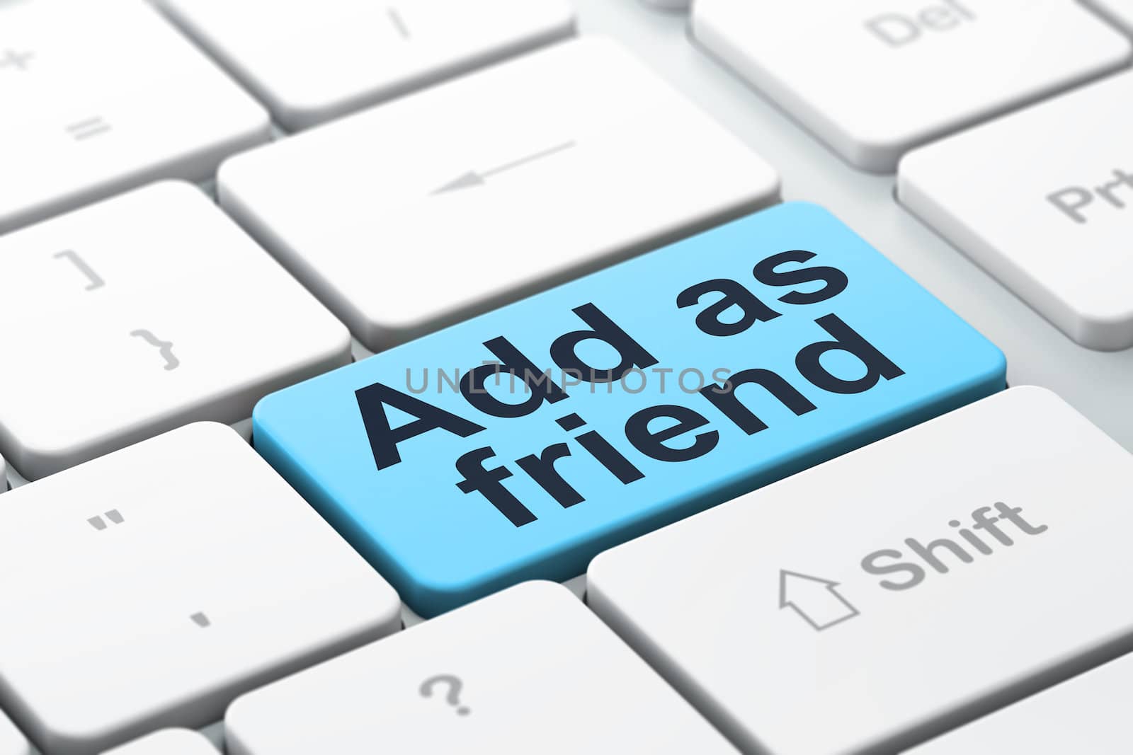Social media concept: computer keyboard with word Add as Friend, selected focus on enter button background, 3d render