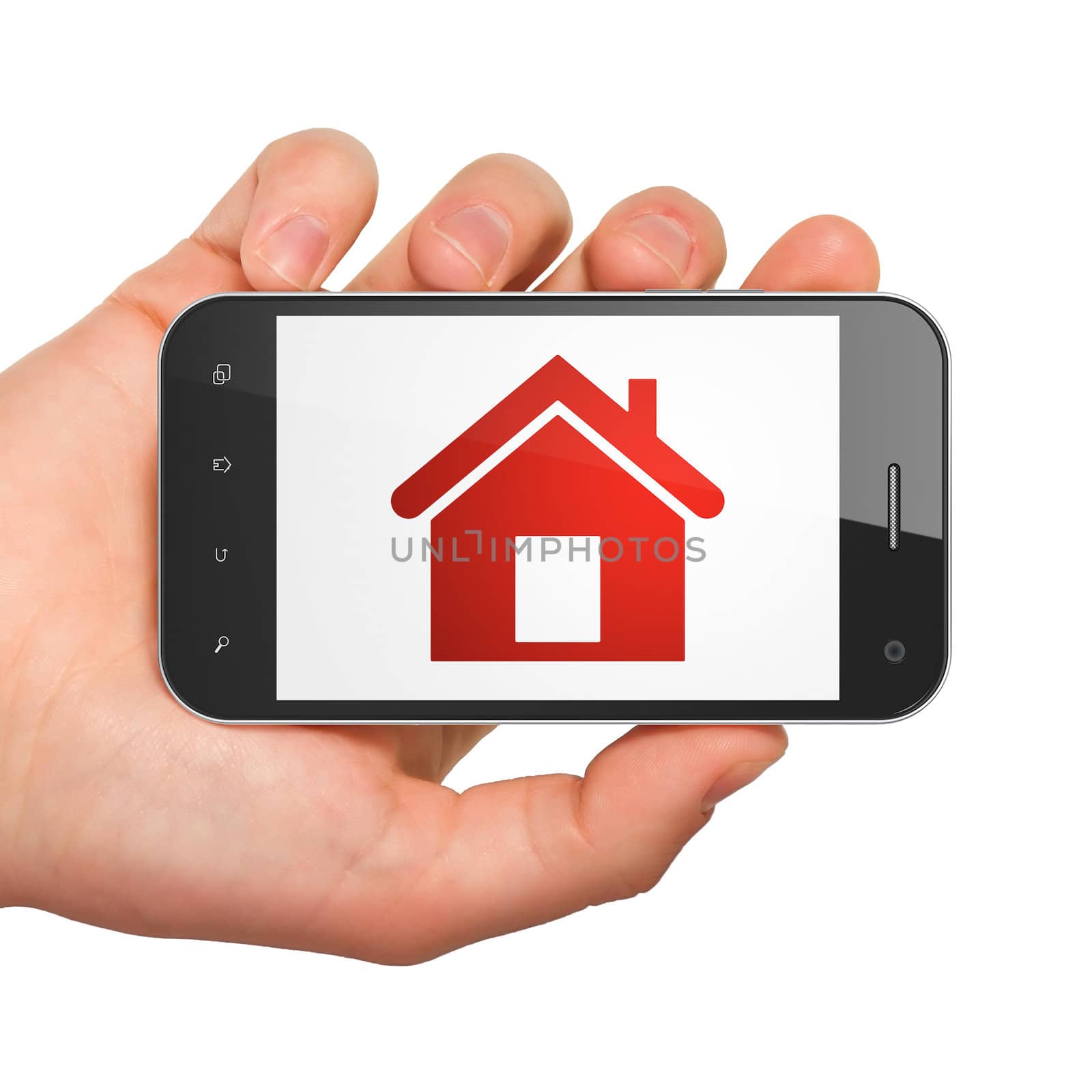 Protection concept: hand holding smartphone with Home on display. Generic mobile smart phone in hand on White background.