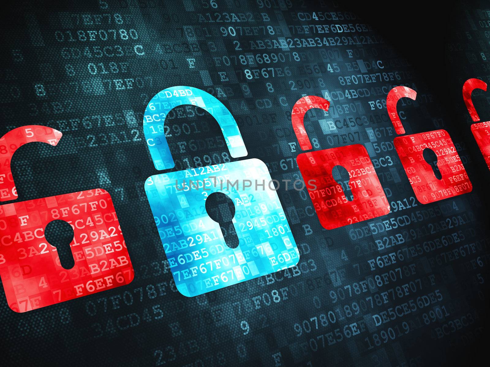 Safety concept: pixelated Locks icon on digital background, 3d render