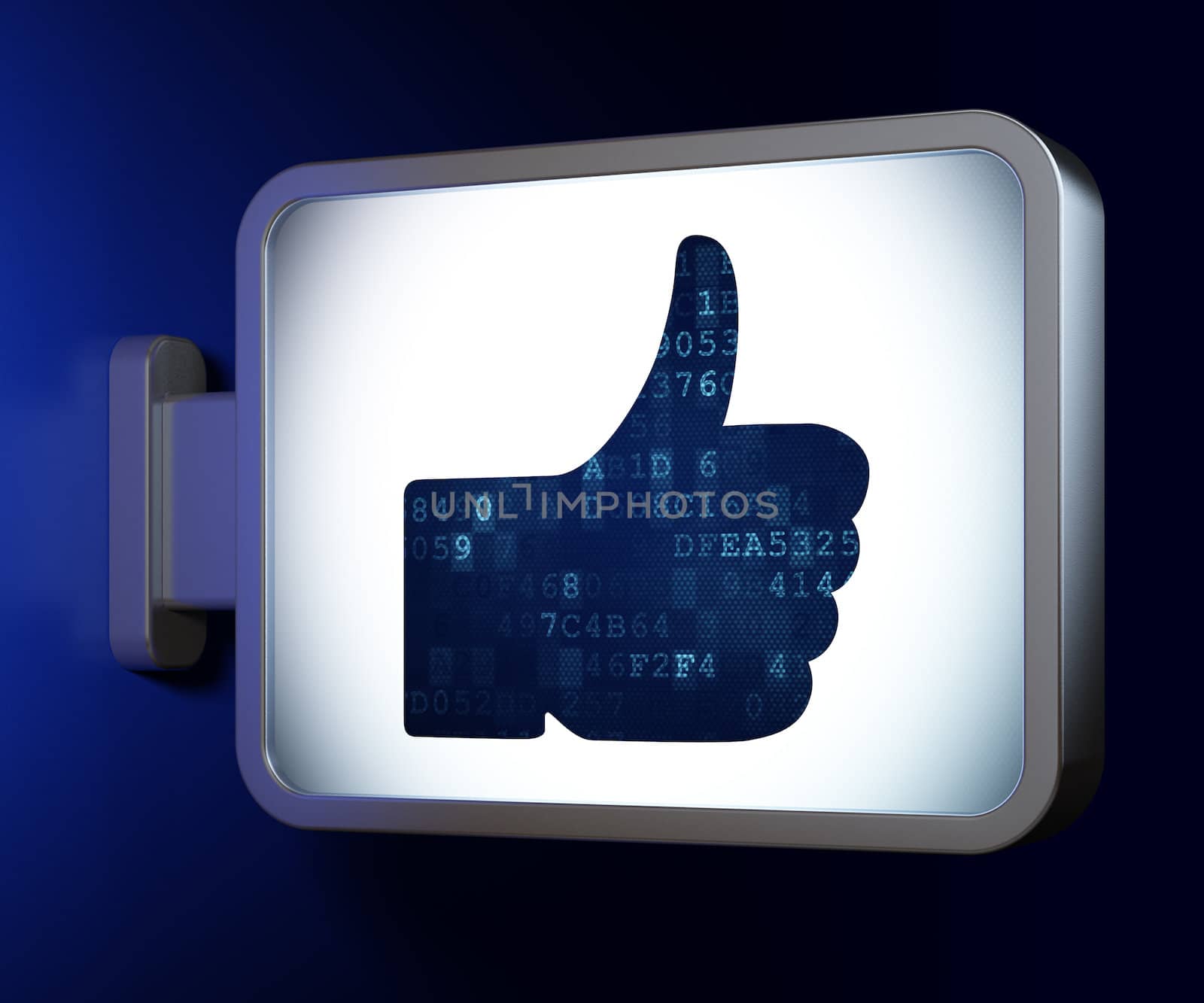 Social media concept: Like on advertising billboard background, 3d render