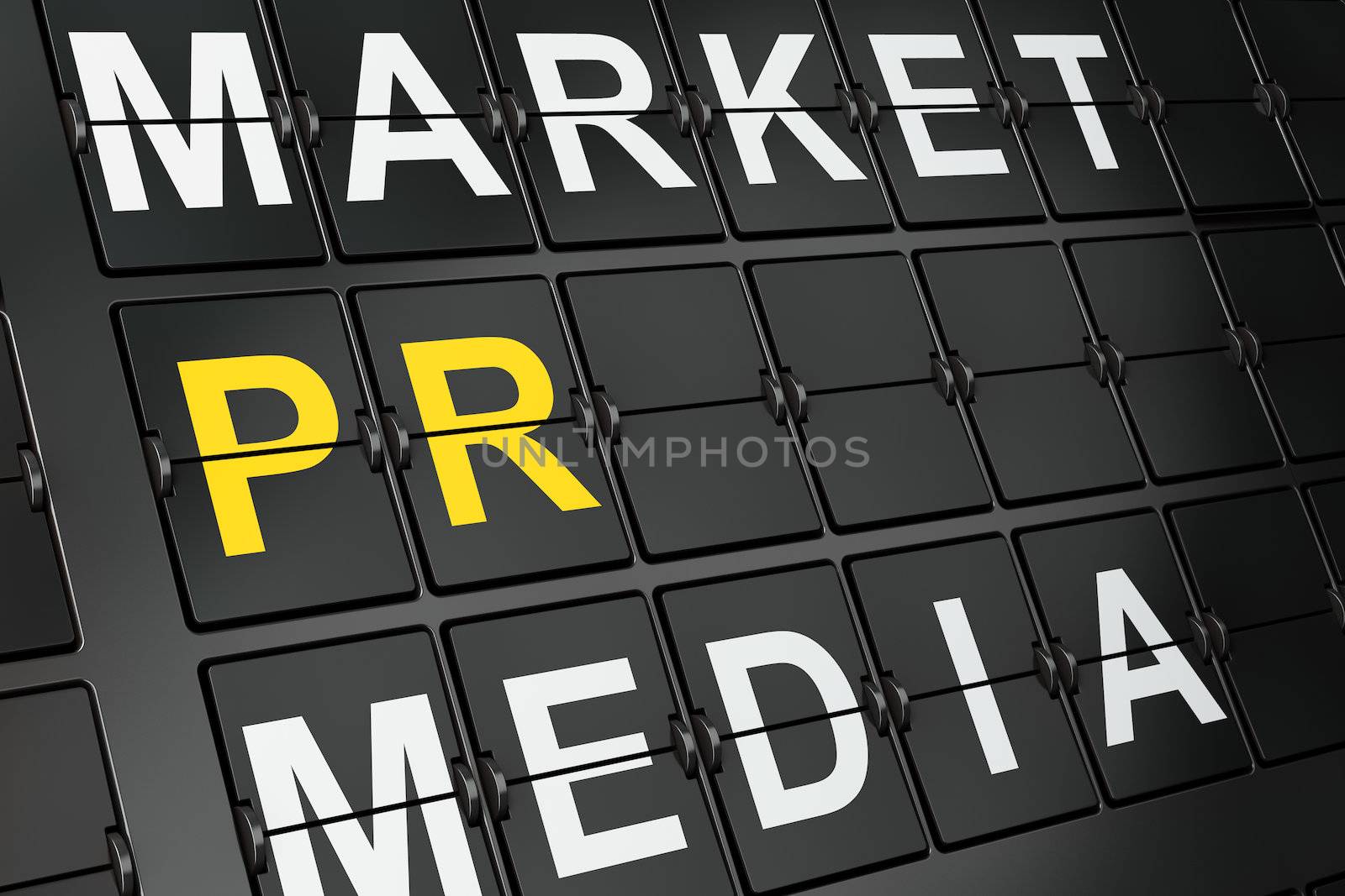 Marketing concept: PR on airport board background, 3d render