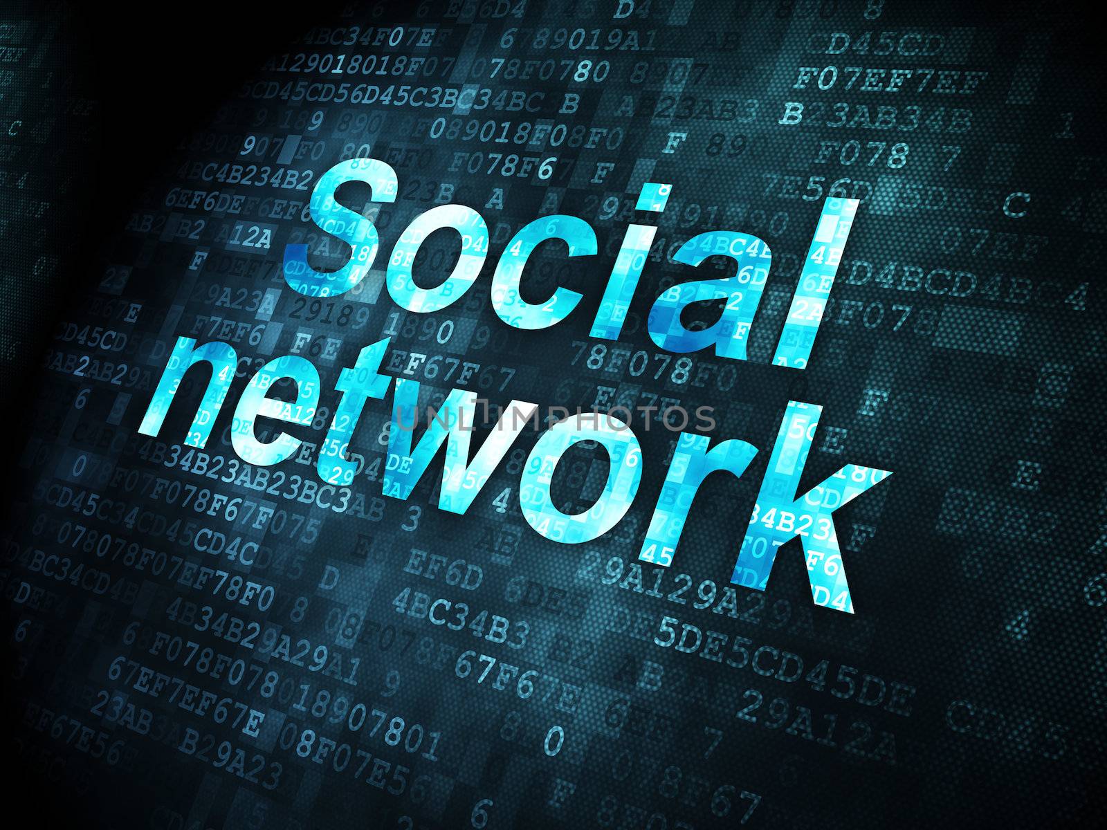 Social network concept: pixelated words Social Network on digital background, 3d render