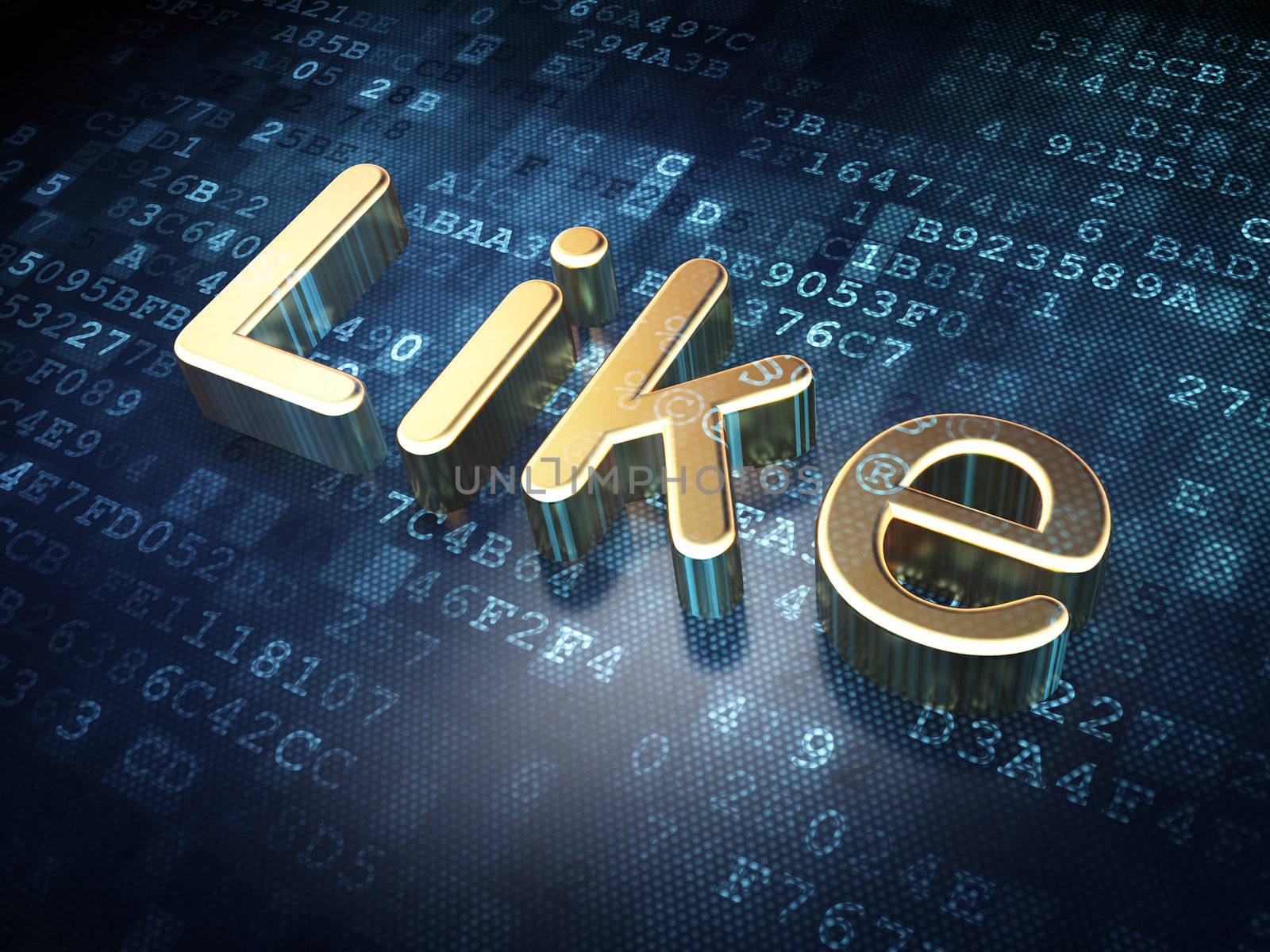Social media concept: Golden Like on digital background, 3d render
