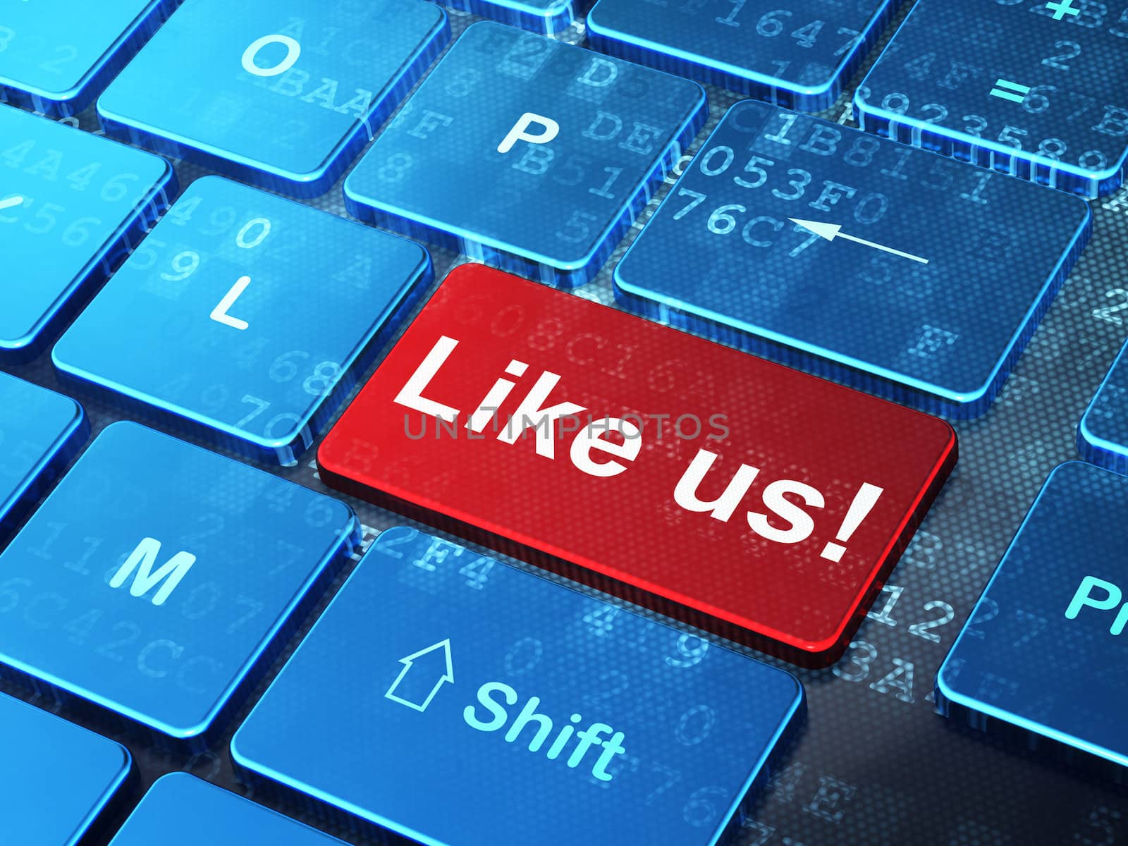 Social network concept: computer keyboard with word Like us! on enter button background, 3d render
