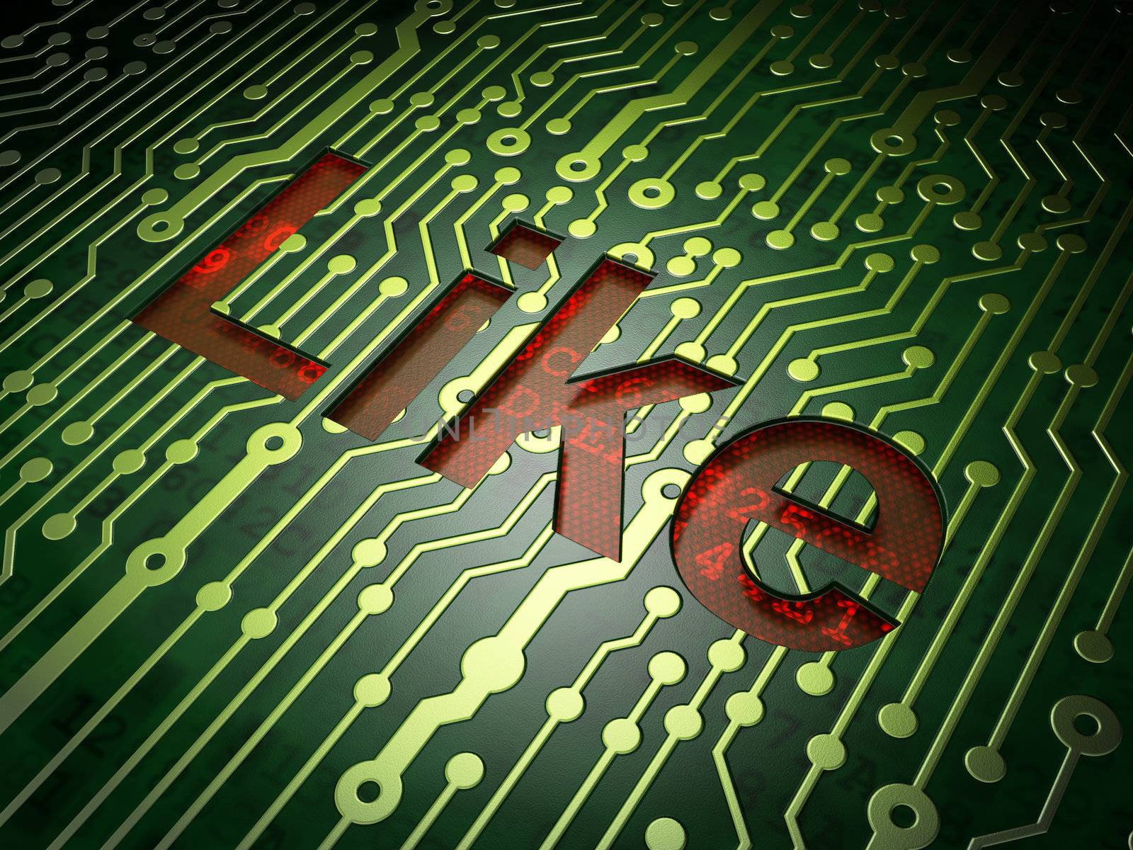 Social media concept: circuit board with word Like, 3d render