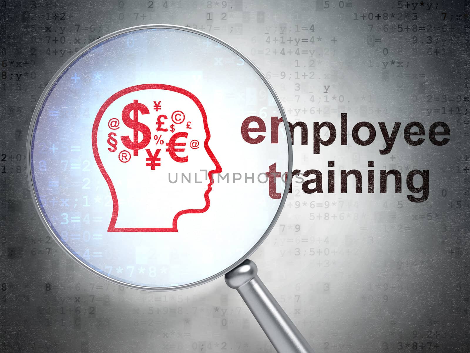 Magnifying optical glass with Finance Symbol icon and Employee Training word on digital background, 3d render