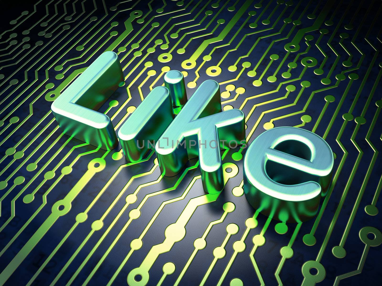Social media concept: circuit board with word Like, 3d render