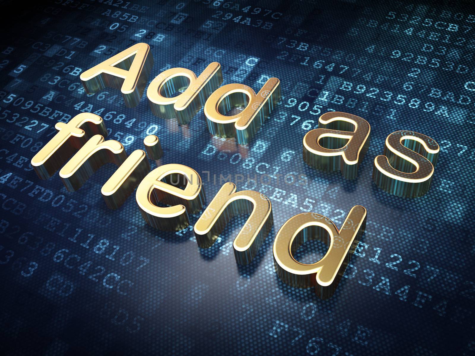 Social network concept: Golden Add as Friend on digital background, 3d render