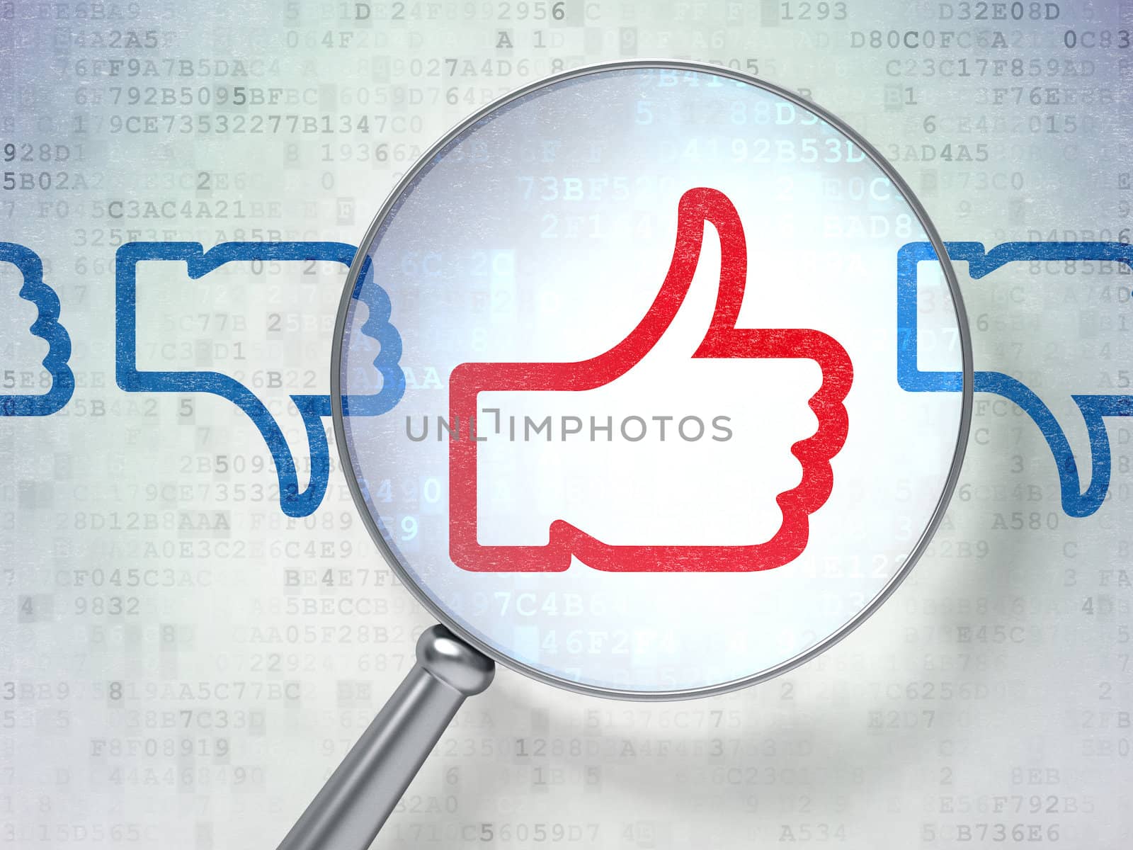 Magnifying optical glass with Like, Unlike icons on digital background, 3d render