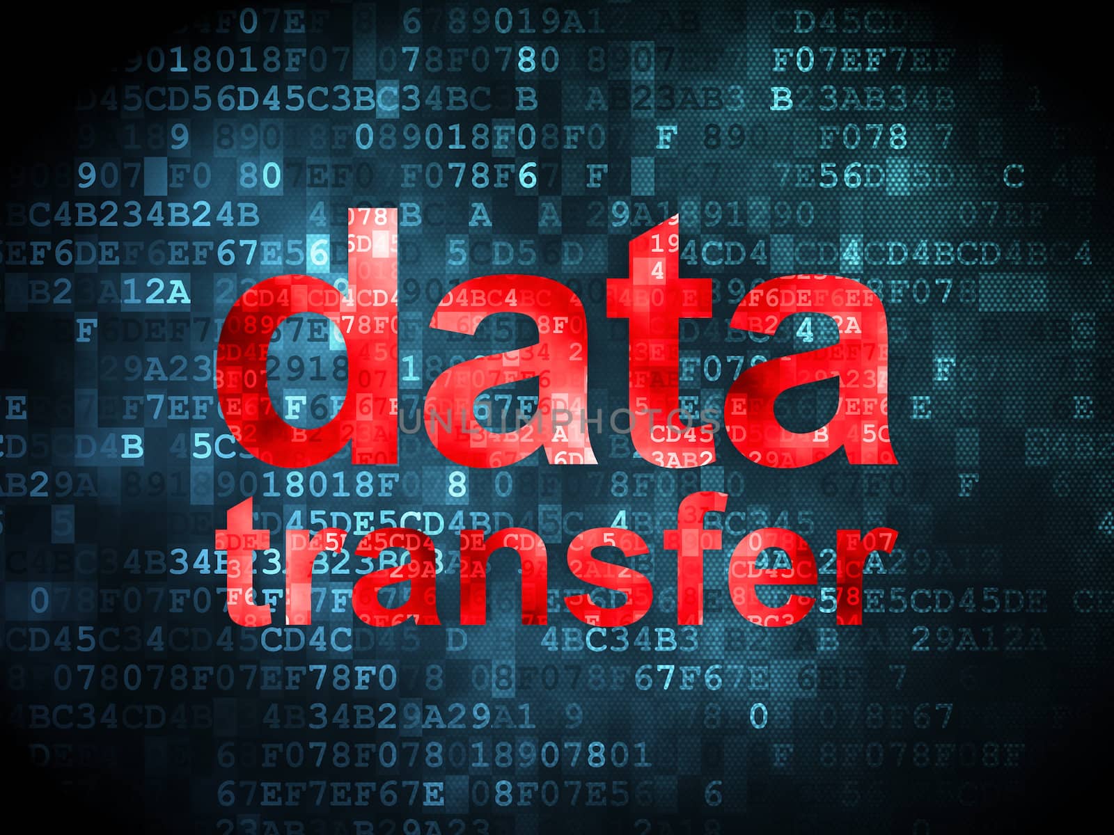 Data concept: pixelated words Data Transfer on digital background, 3d render
