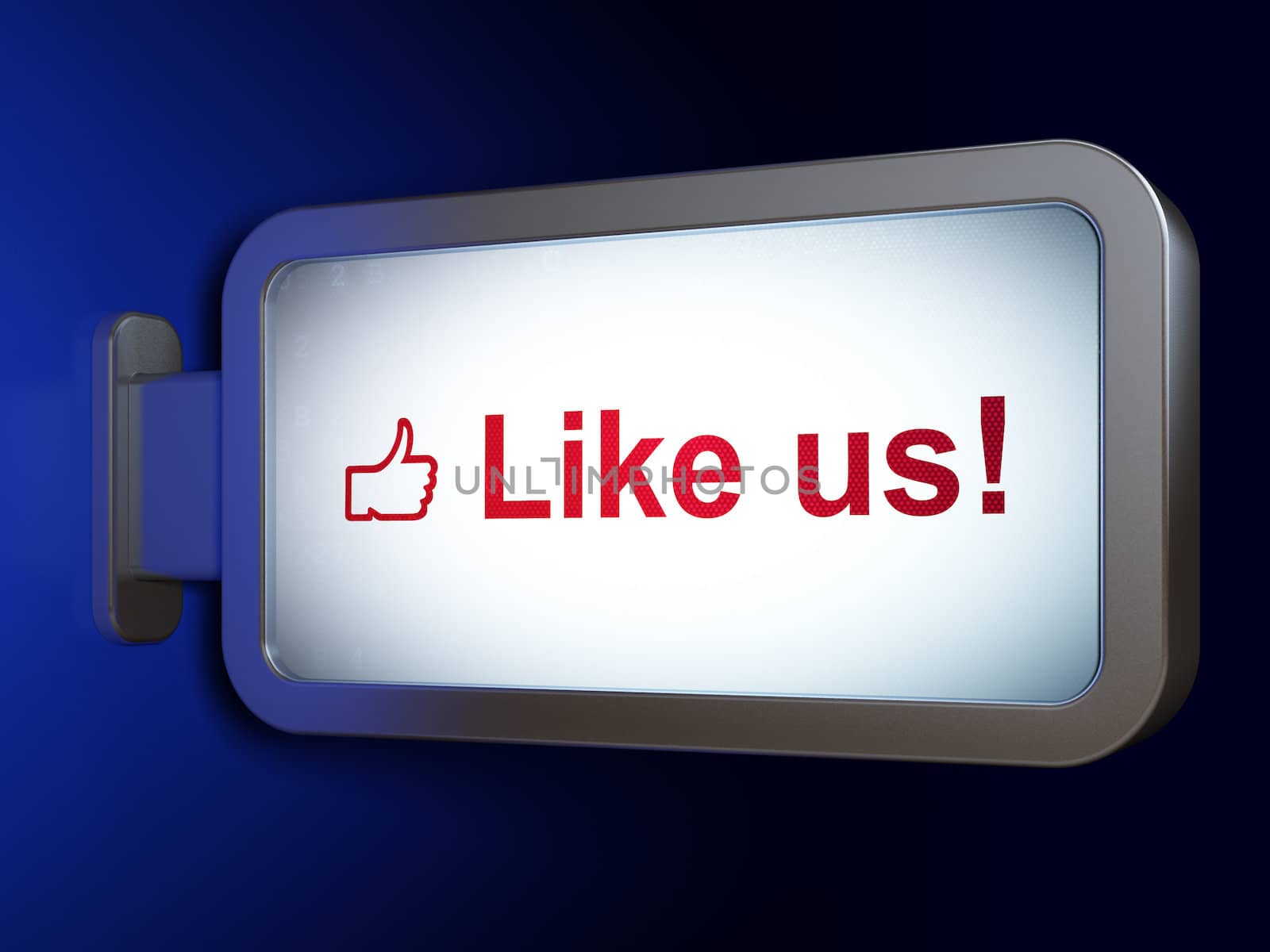 Social network concept: Like us! and Like on advertising billboard background, 3d render