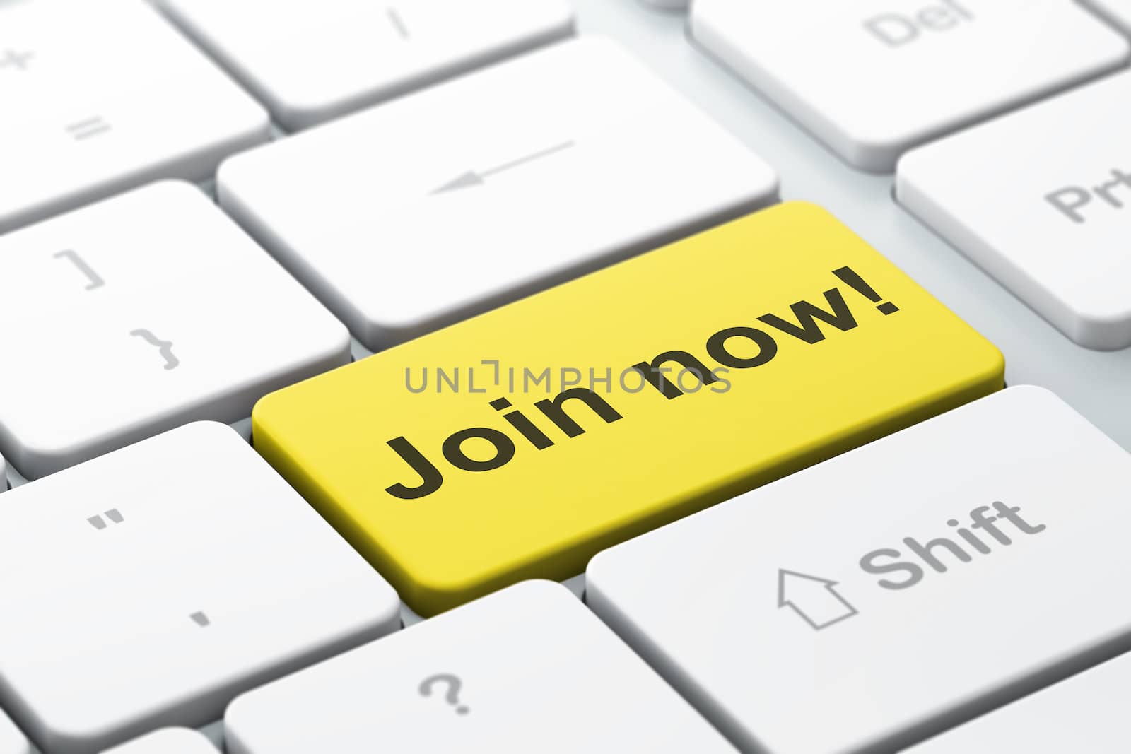 Social network concept: computer keyboard with word Join now!, selected focus on enter button background, 3d render
