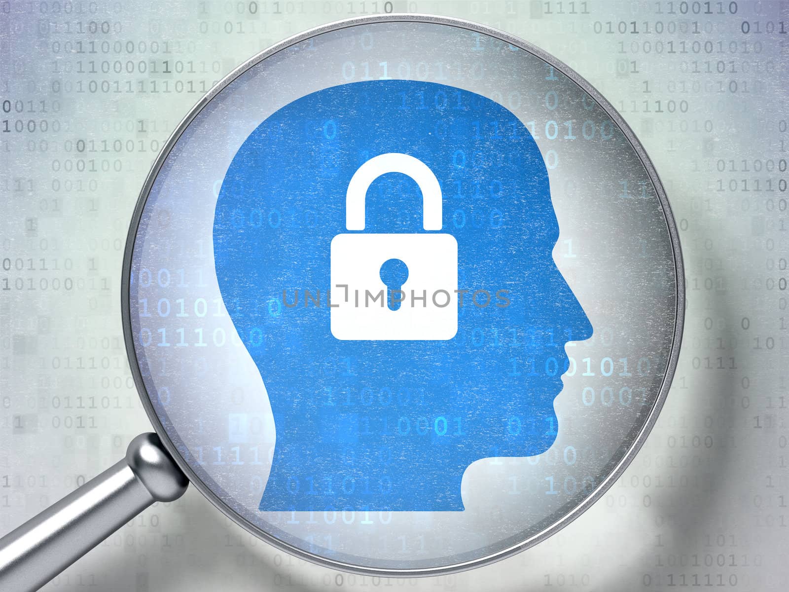 Magnifying optical glass with Head Whis Padlock icon on digital background, 3d render