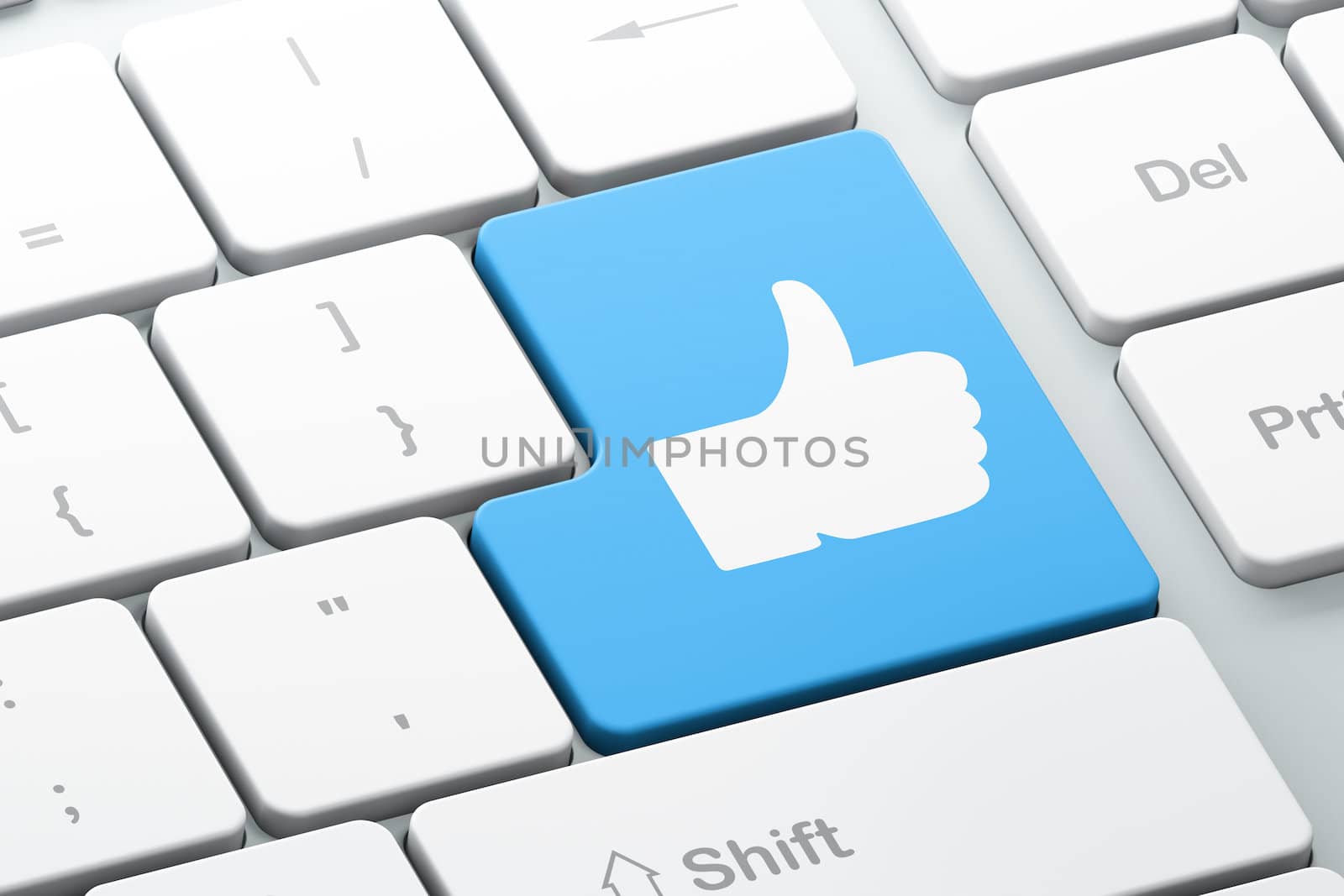 Social network concept: Enter button with Like on computer keyboard background, 3d render