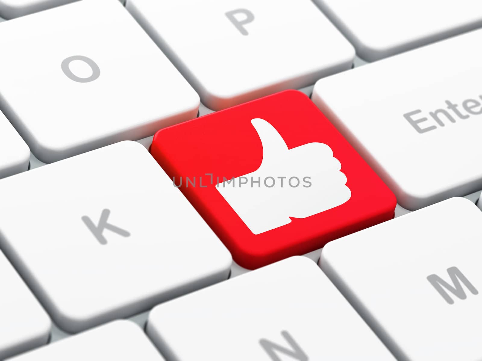 Social media concept: computer keyboard with Like icon on enter button background, selected focus, 3d render