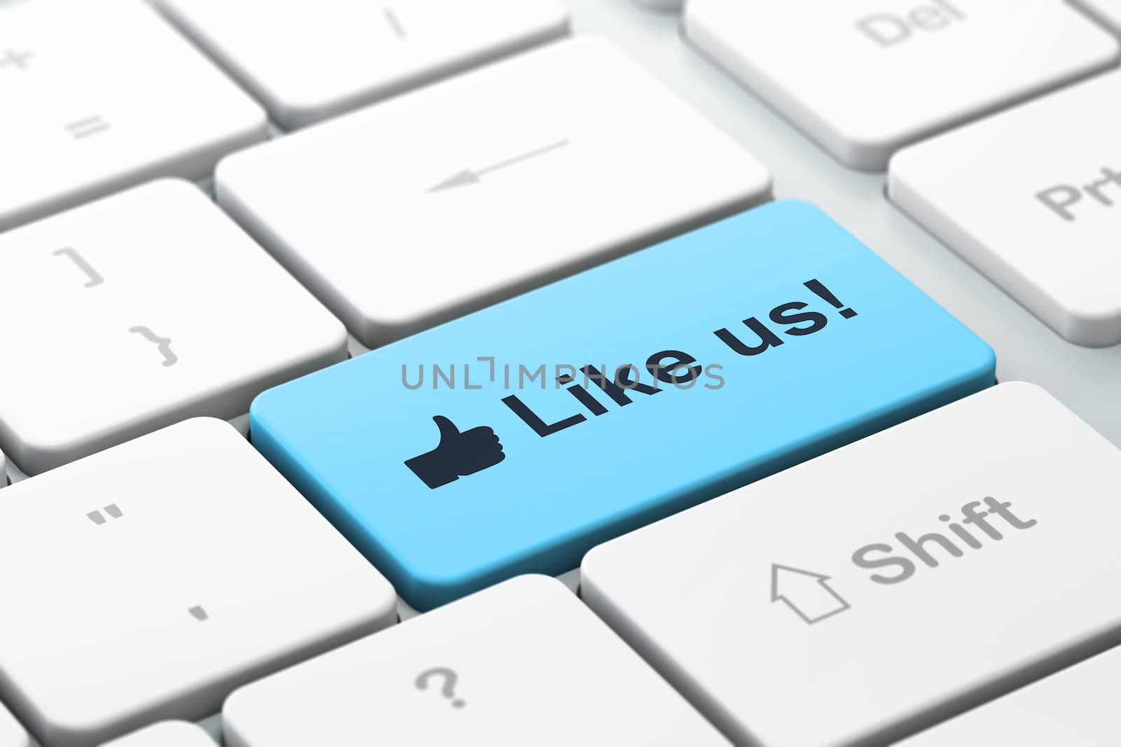 Social network concept: computer keyboard with Like icon and word Like us!, selected focus on enter button, 3d render