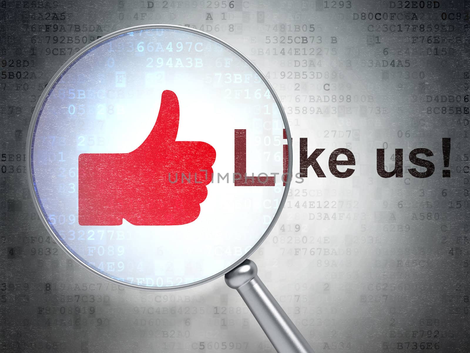 Magnifying optical glass with Like icon and Like us! word on digital background, 3d render