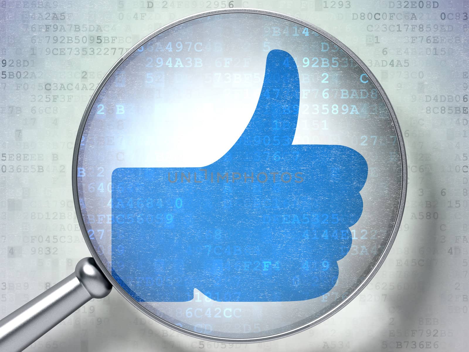 Magnifying optical glass with Like icon on digital background, 3d render