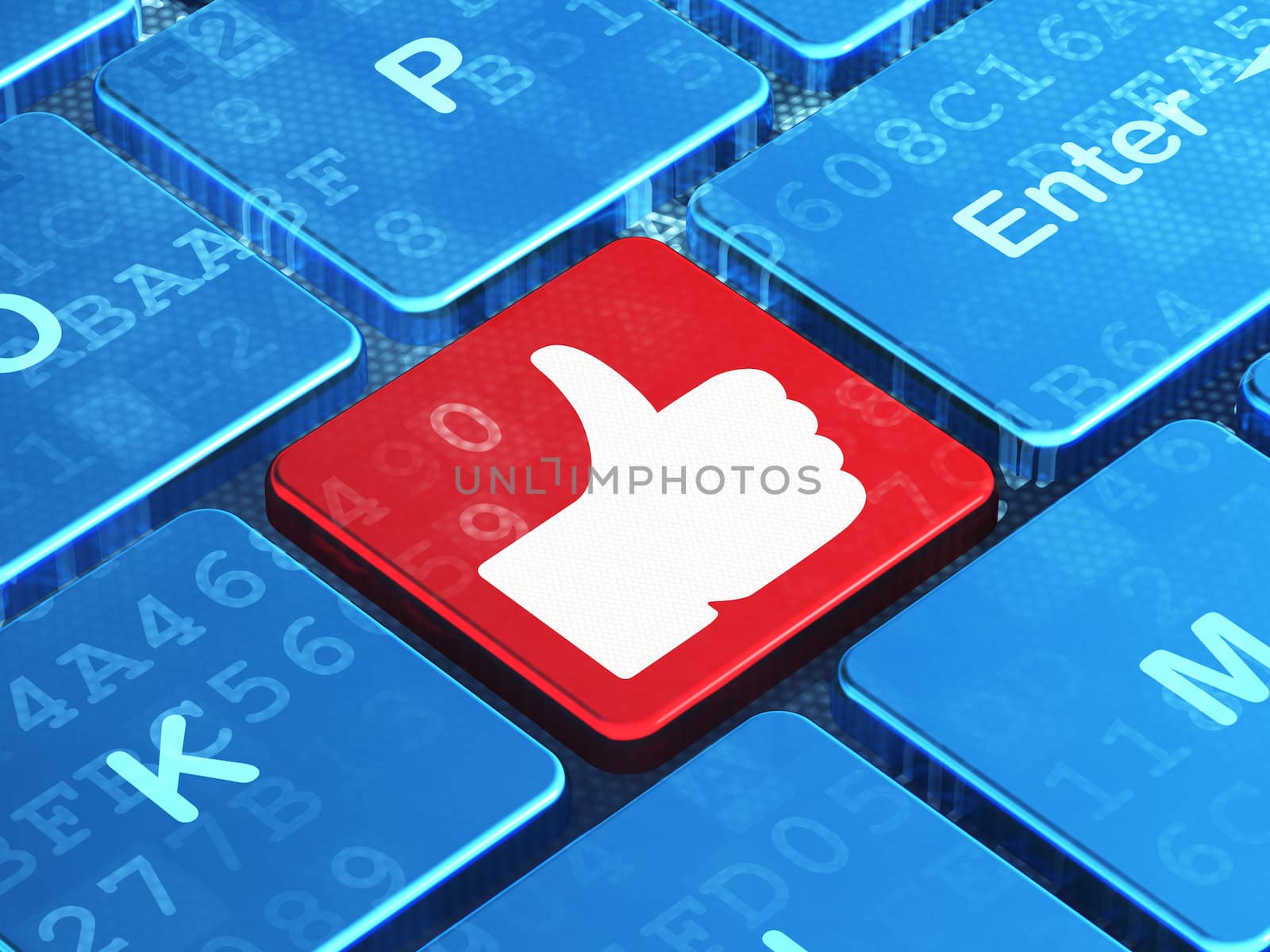 Social media concept: computer keyboard with Like icon on enter button background, 3d render