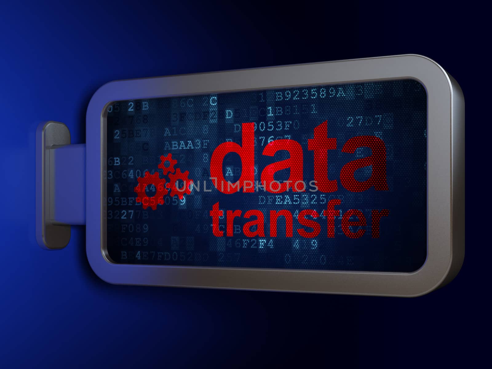 Information concept: Data Transfer and Gears on advertising billboard background, 3d render