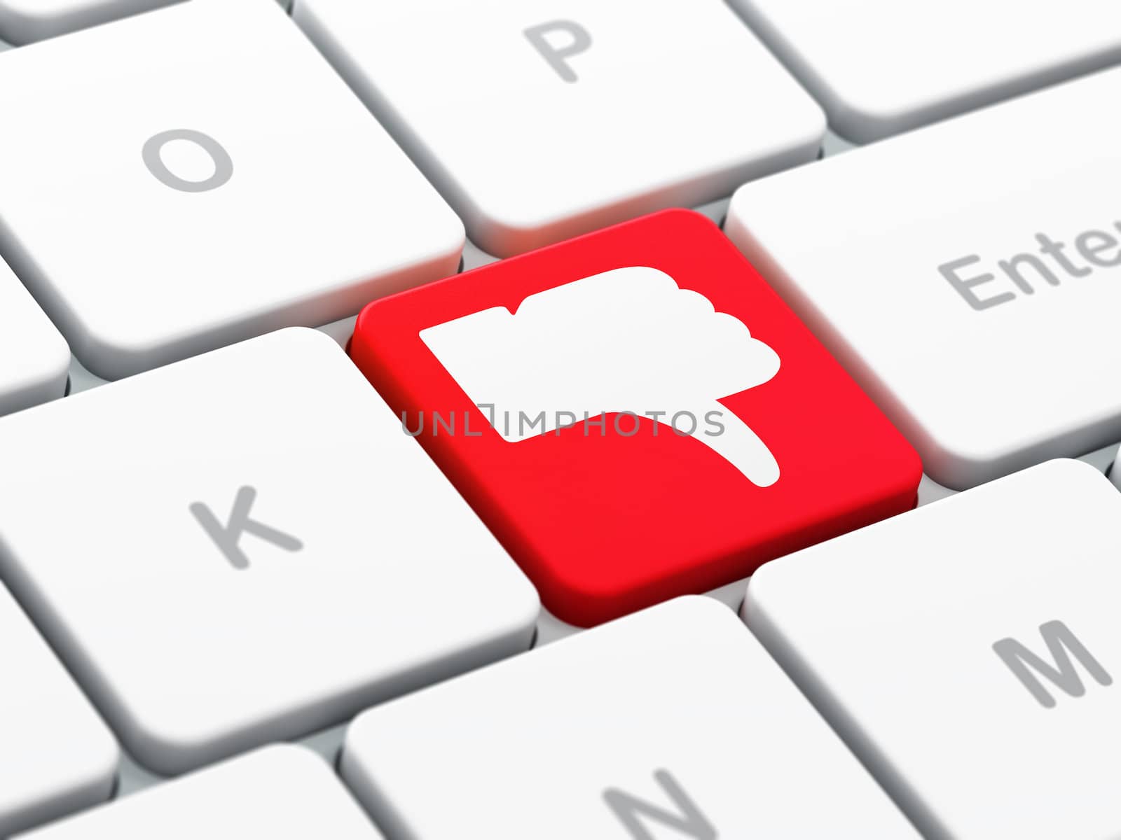 Social media concept: computer keyboard with Unlike icon on enter button background, selected focus, 3d render