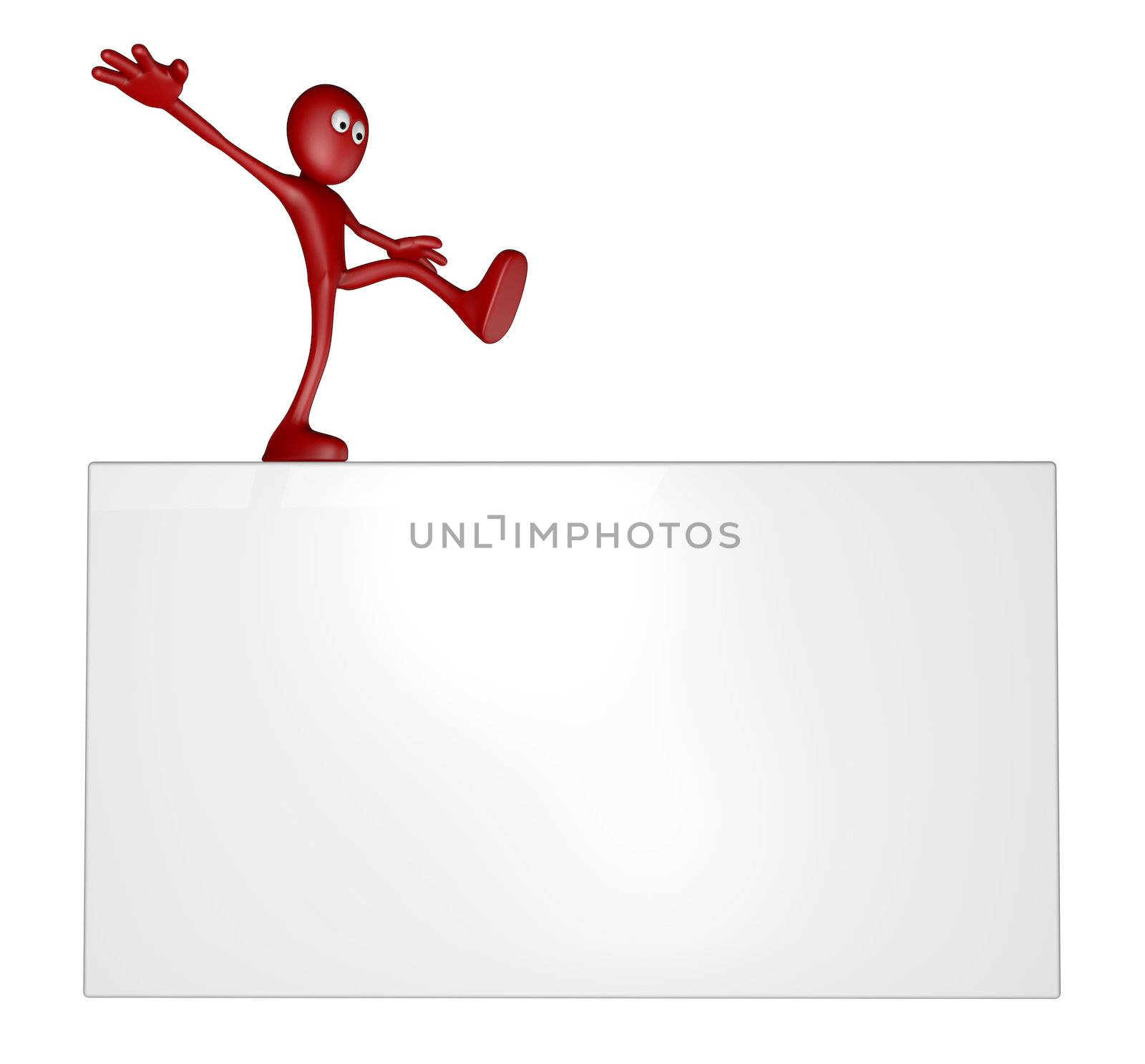 cartoon guy balances on white board - 3d illustration