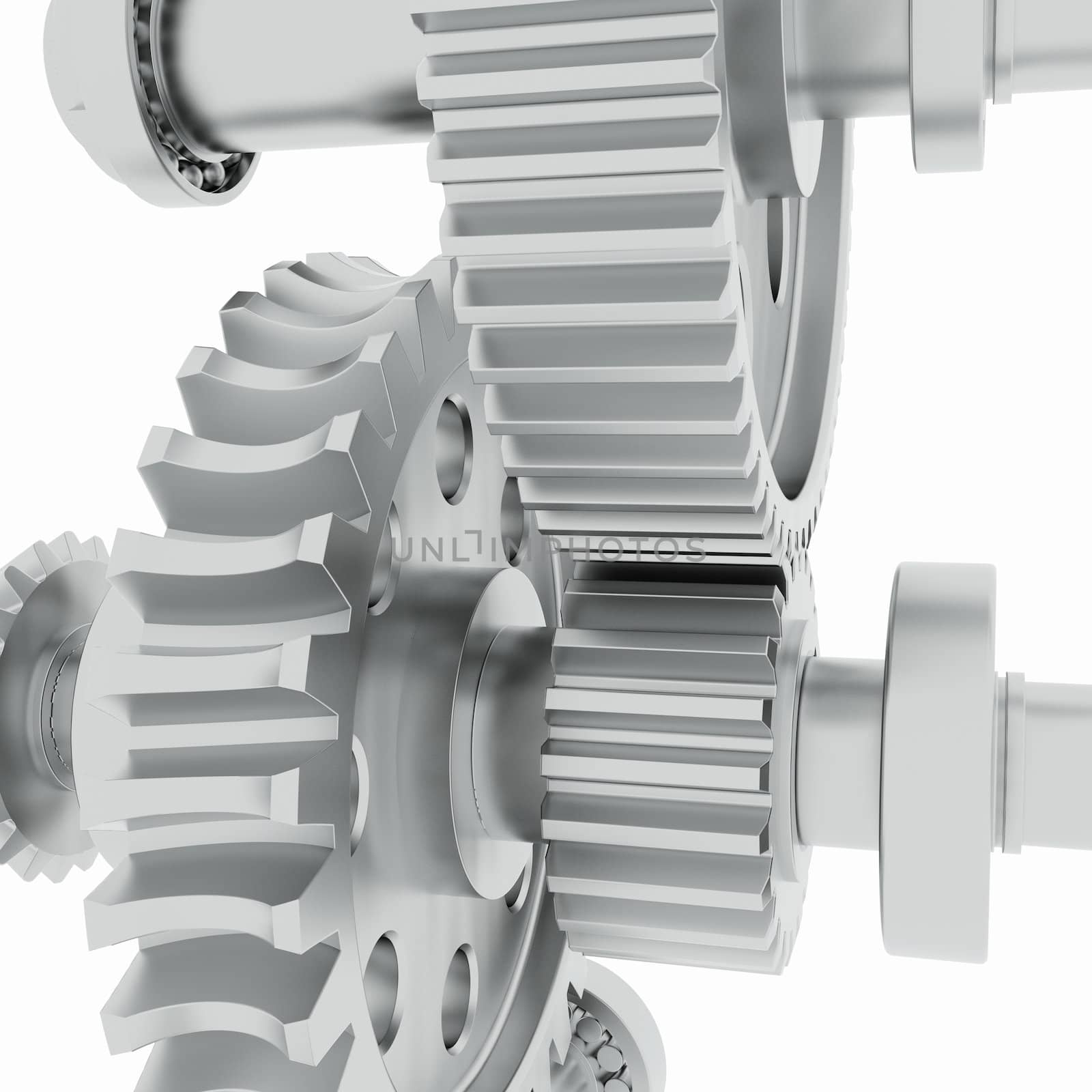 Metal shafts, gears and bearings. 3d render on white background