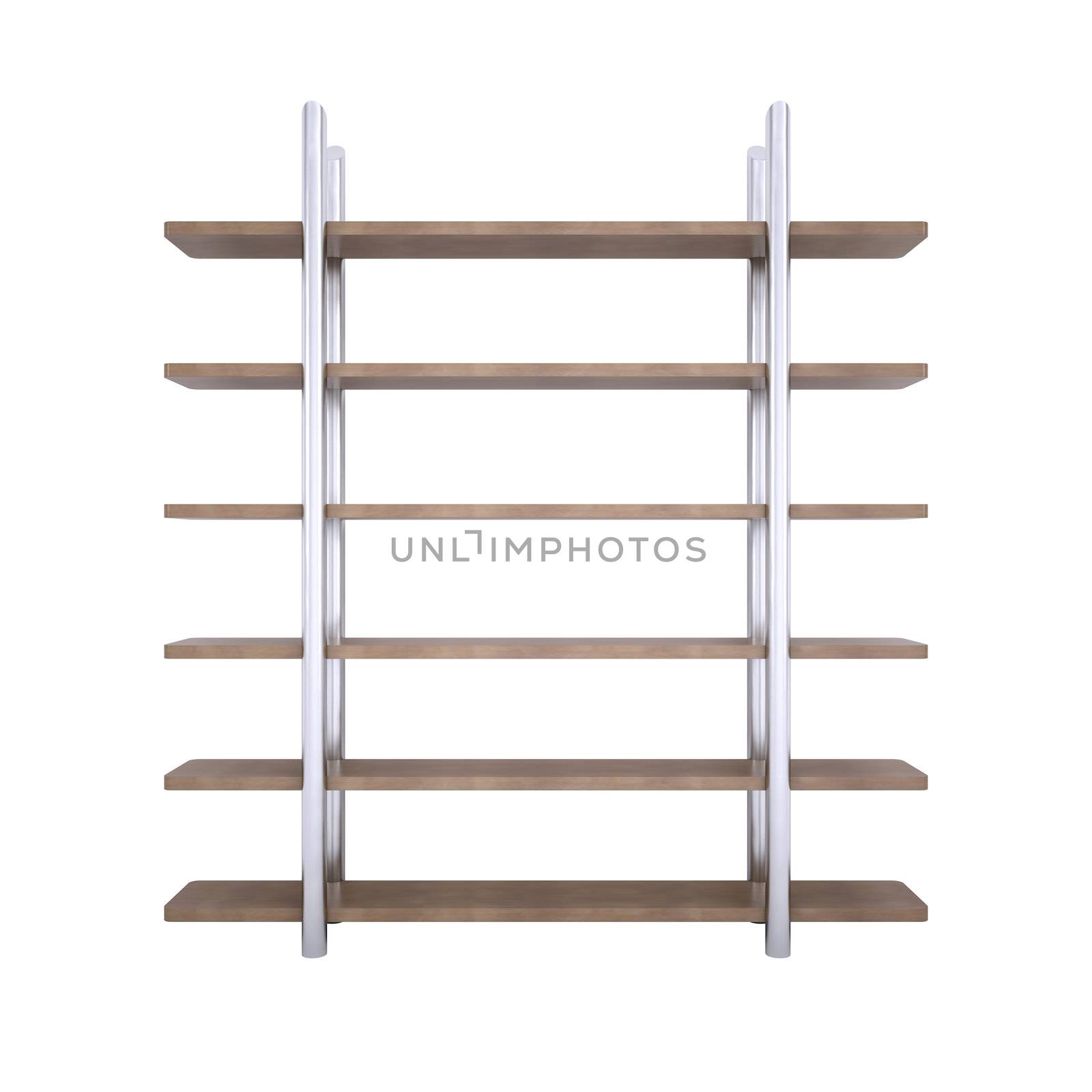 Wooden shelves with metal stands. 3d rendering on white background