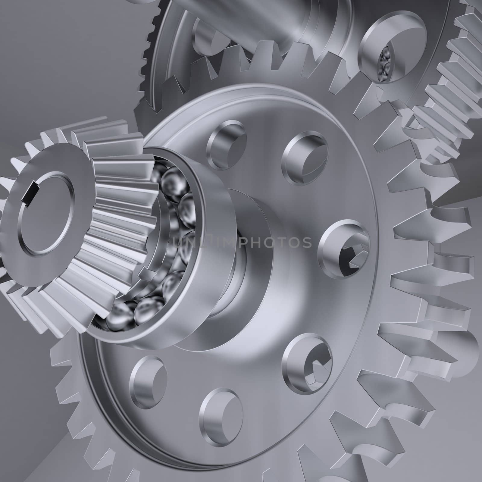 Metal shafts, gears and bearings. 3d render on gray background
