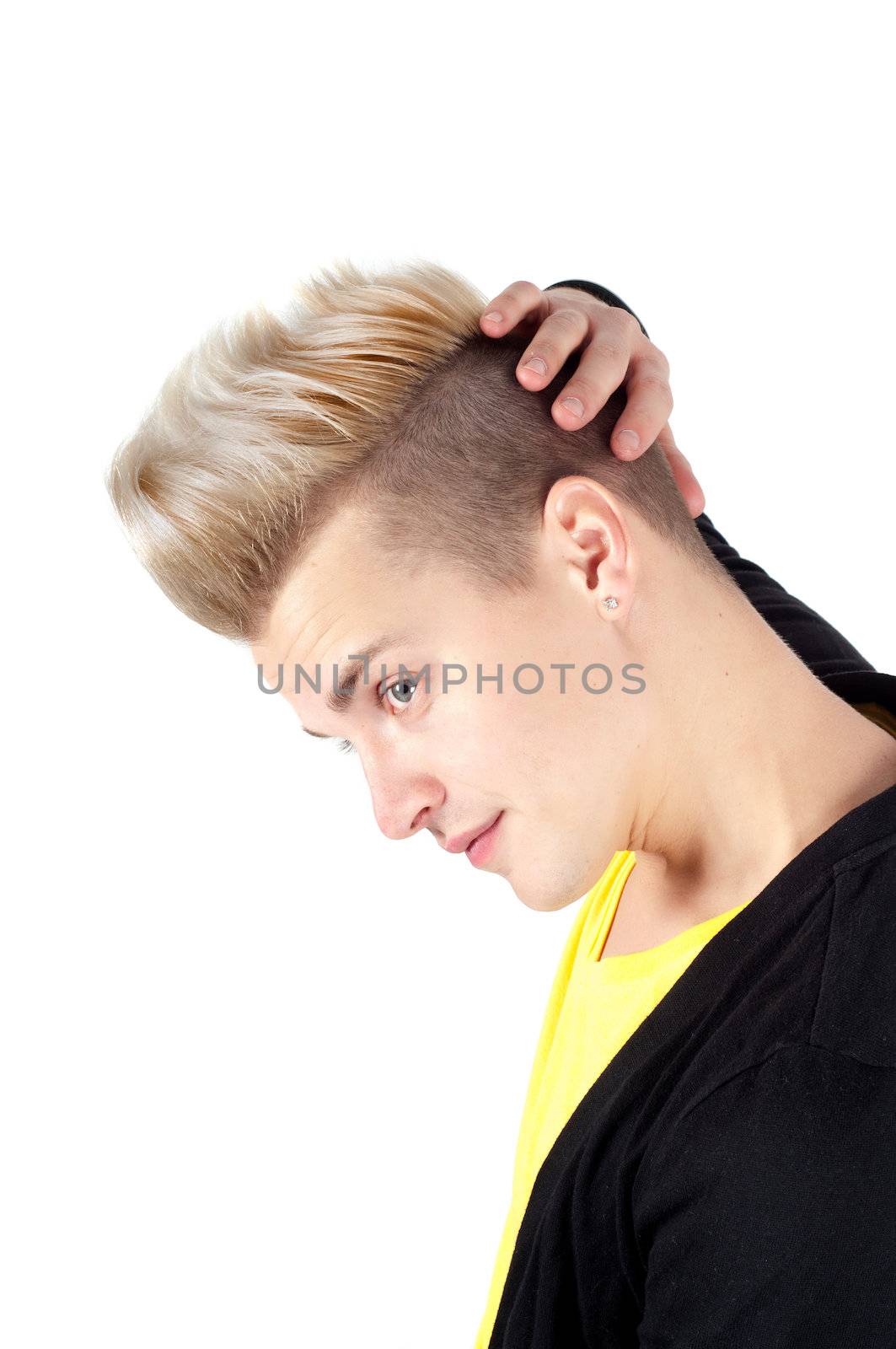 Portrait of handsome man in black and yellow isolated on white