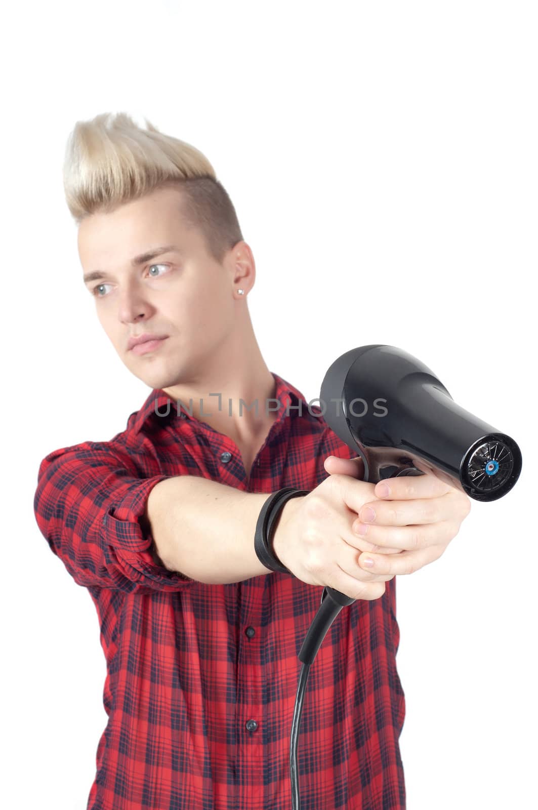 Portrait of handsome man with hairdryer in studio isolated on white