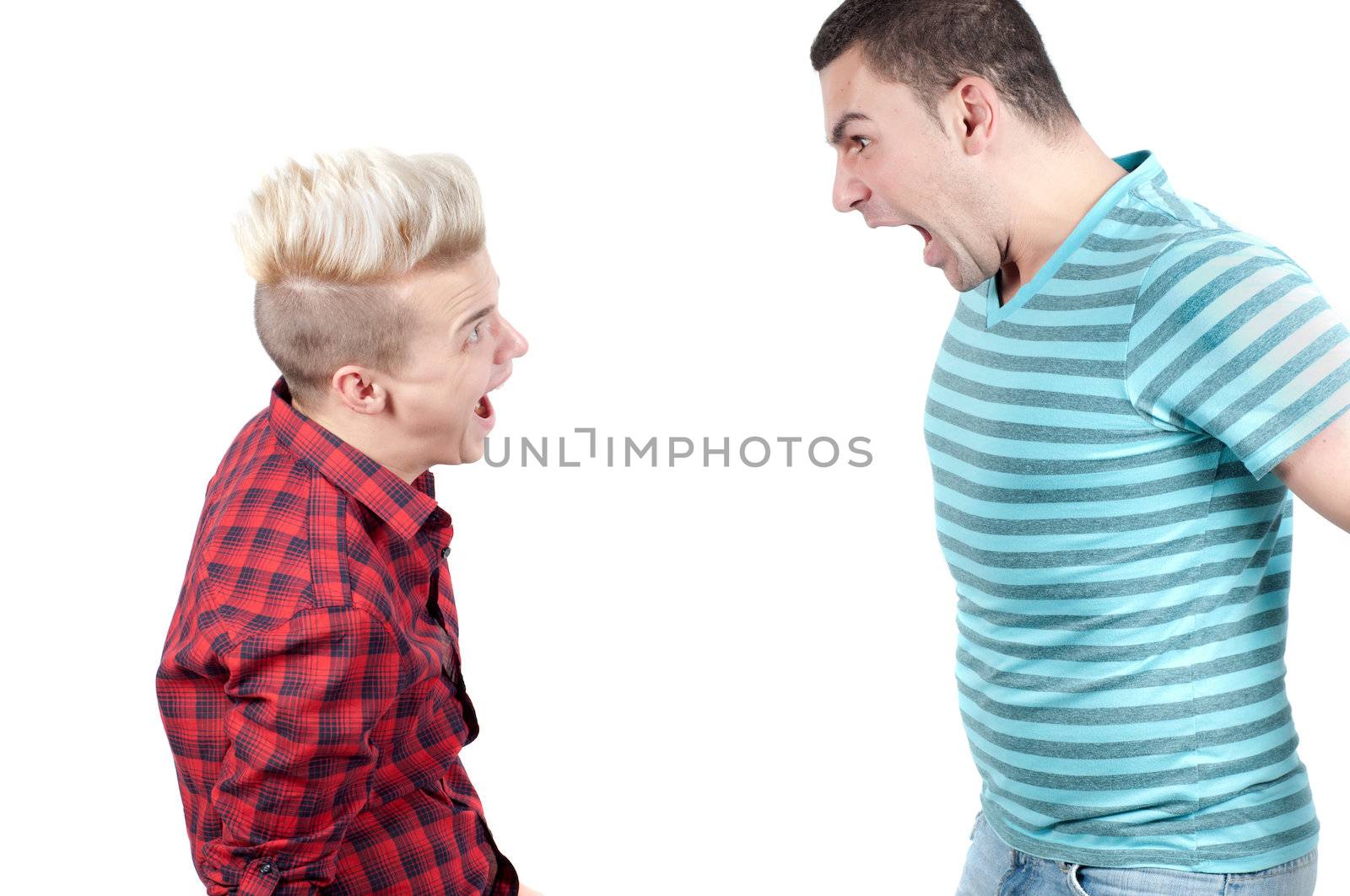 Two man screaming on each other, isolated