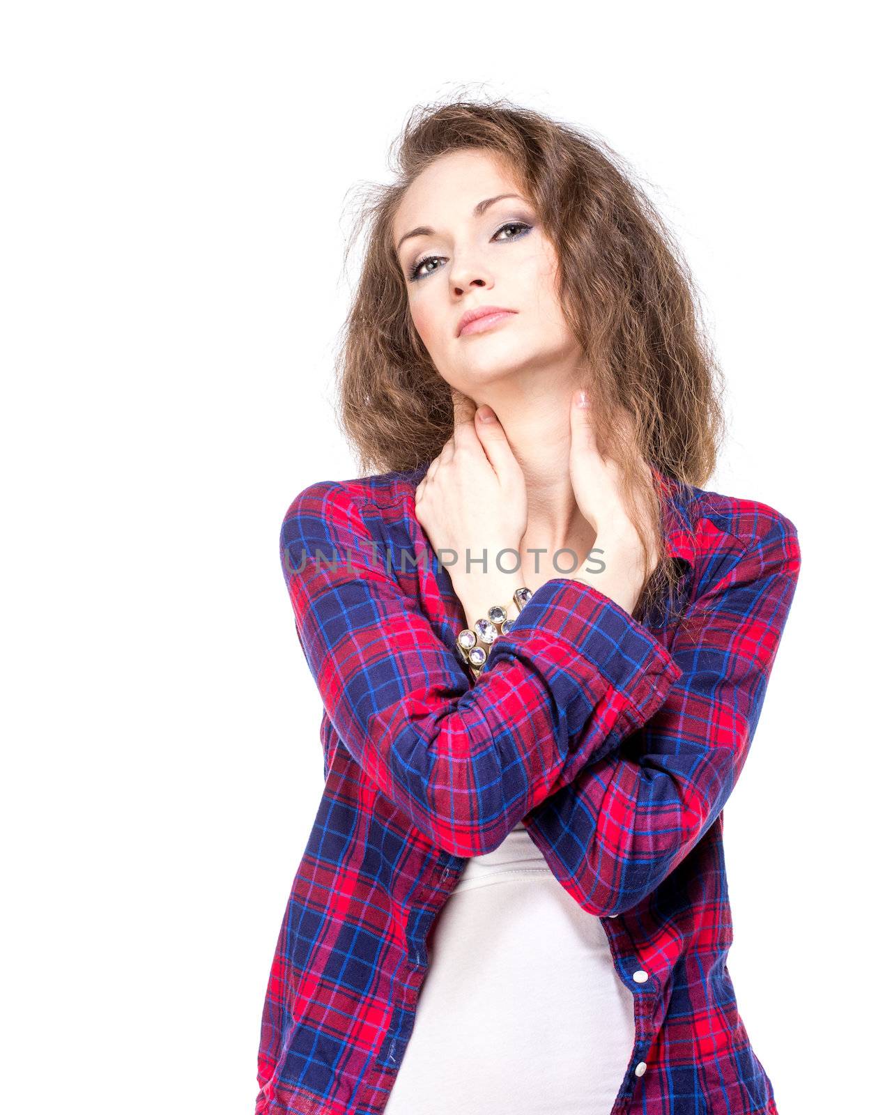 Attractive young woman in a checkered shirt, isolated