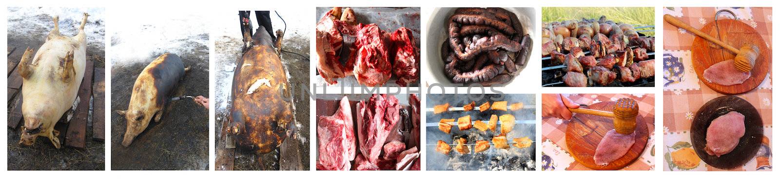 all stages of process whith passes meat from the slaughter to tasty fresh dish