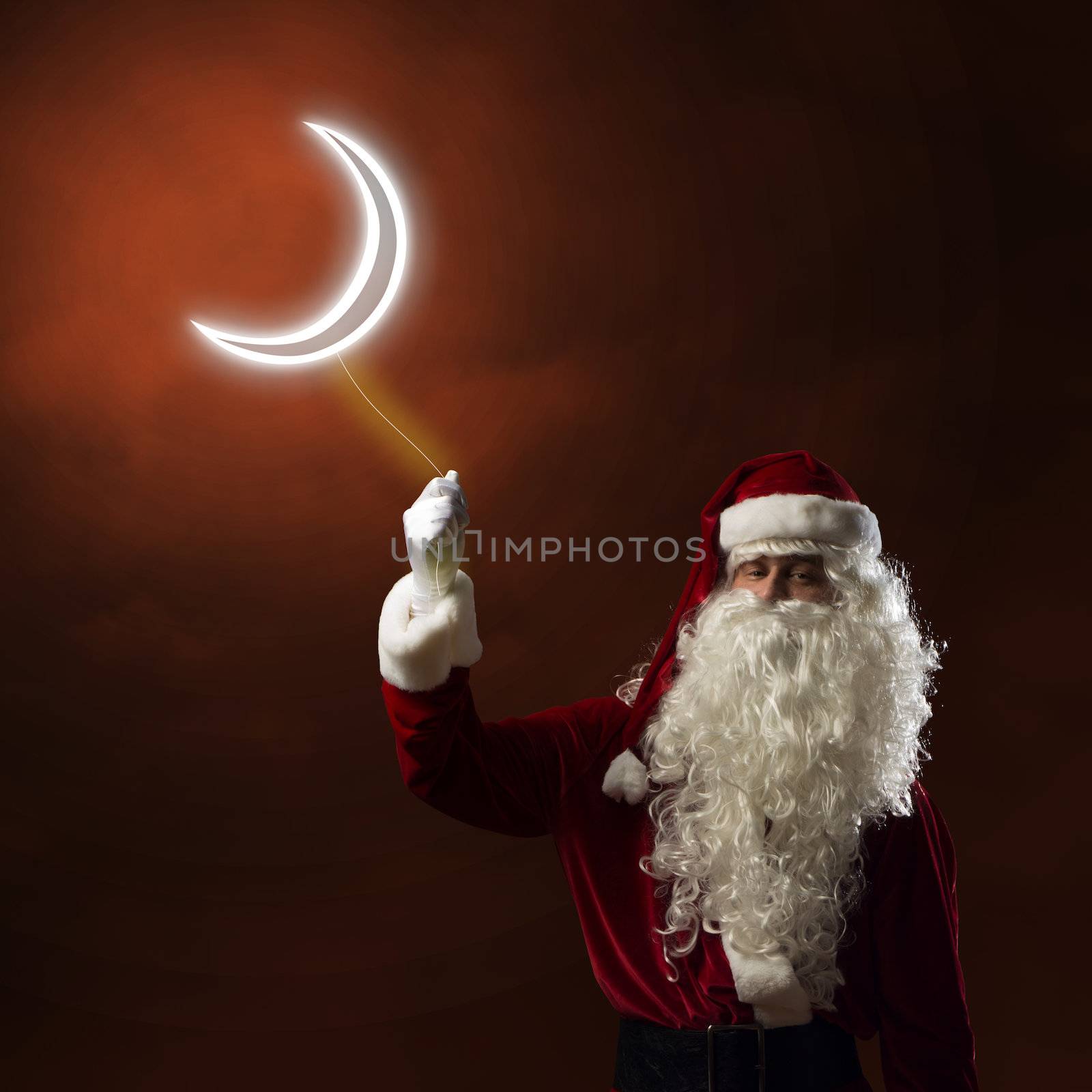 Santa Claus holding a shining light symbol of the moon for thread