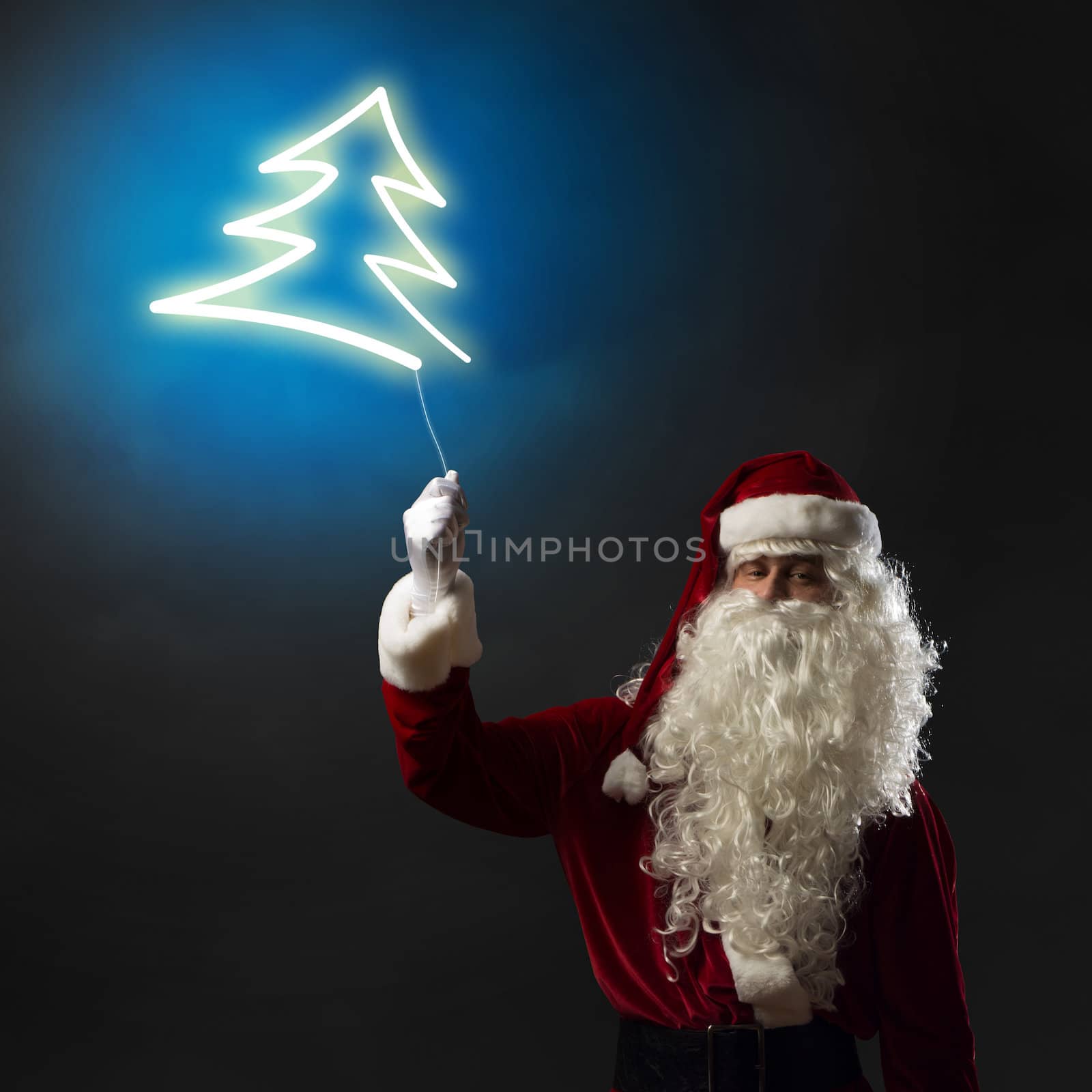 Santa Claus holding a shining light symbol of the Christmas Tree for thread