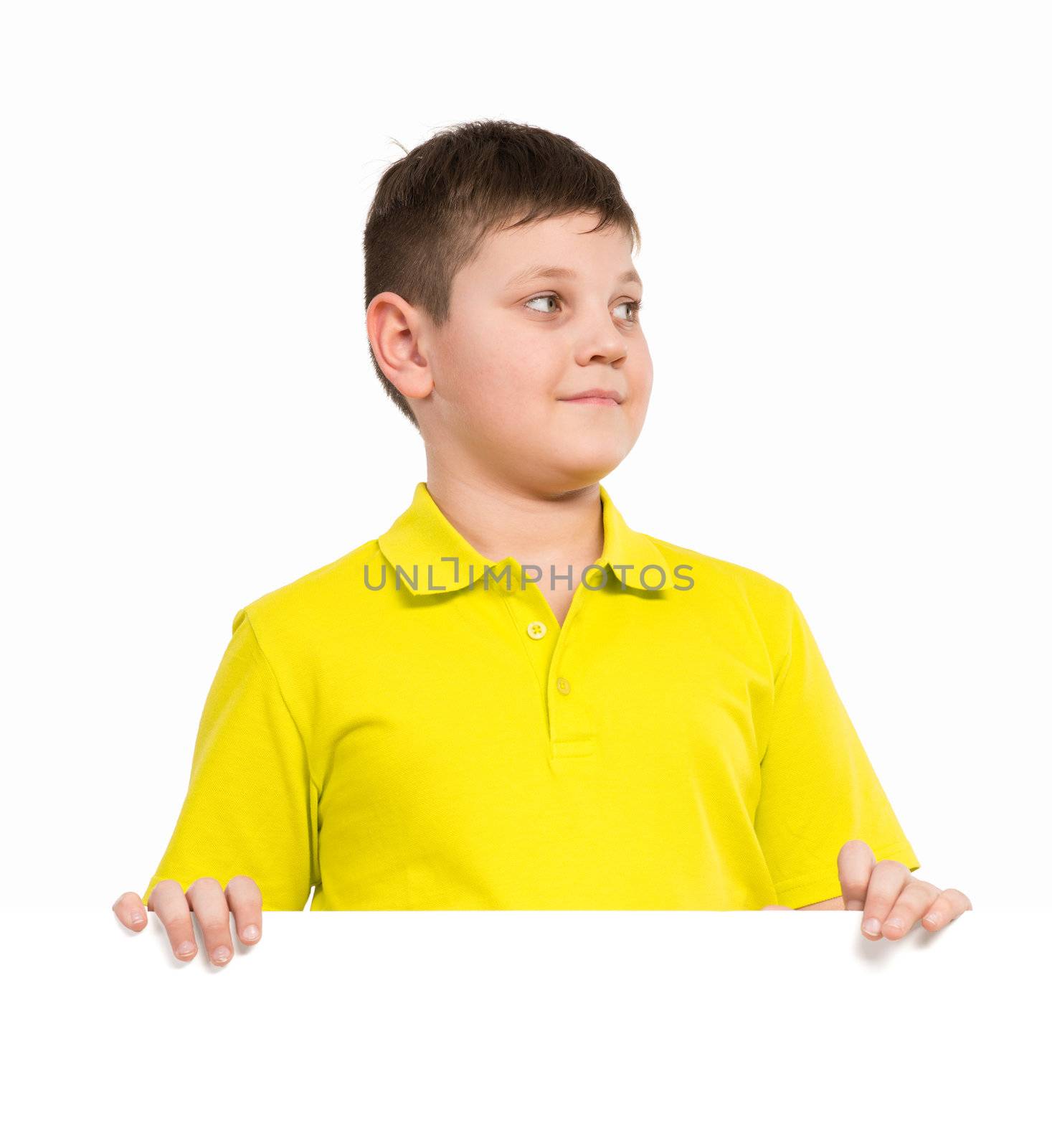 boy holding a white placard, place for text