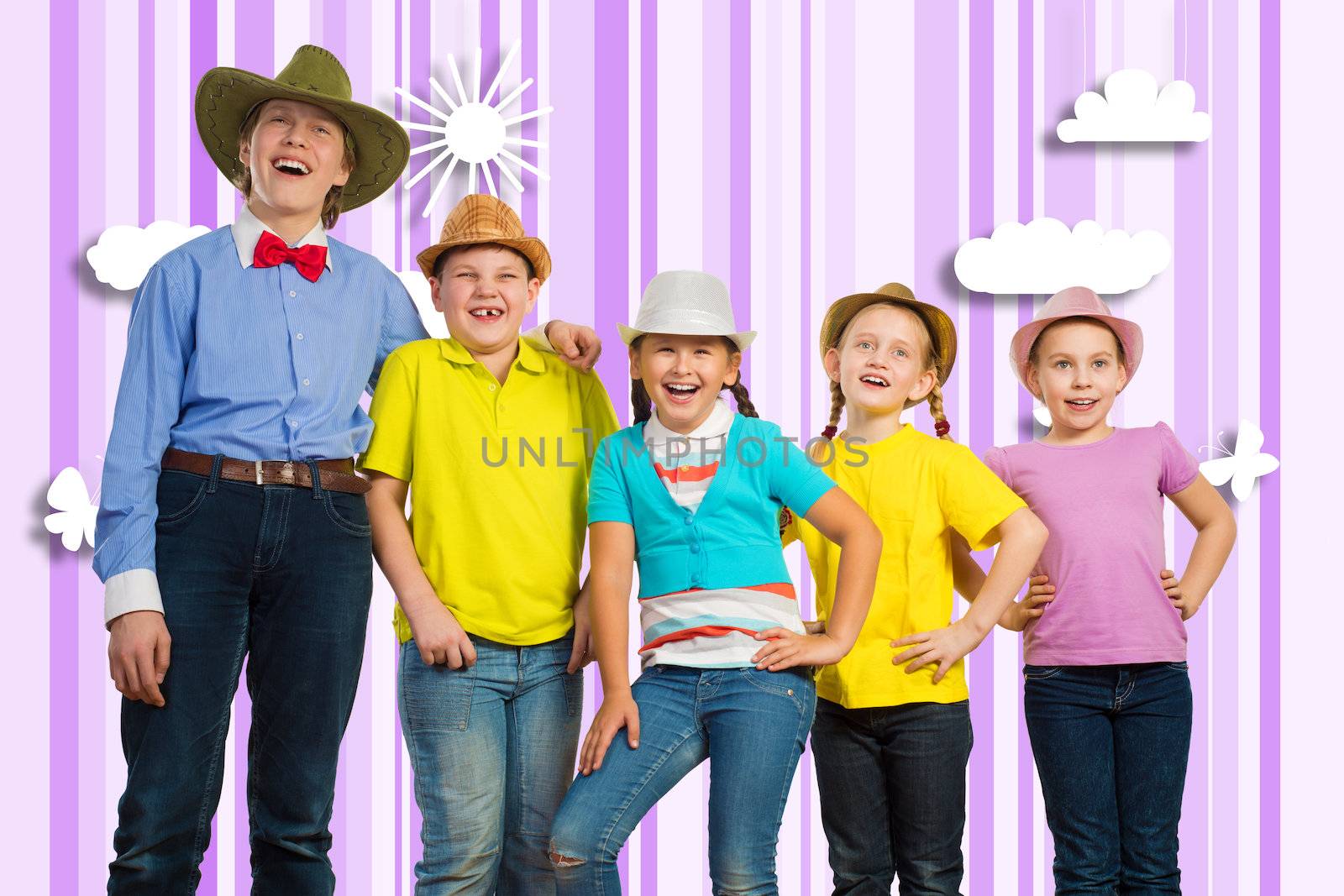 children in a row, wearing a hat. behind painded clouds and sun