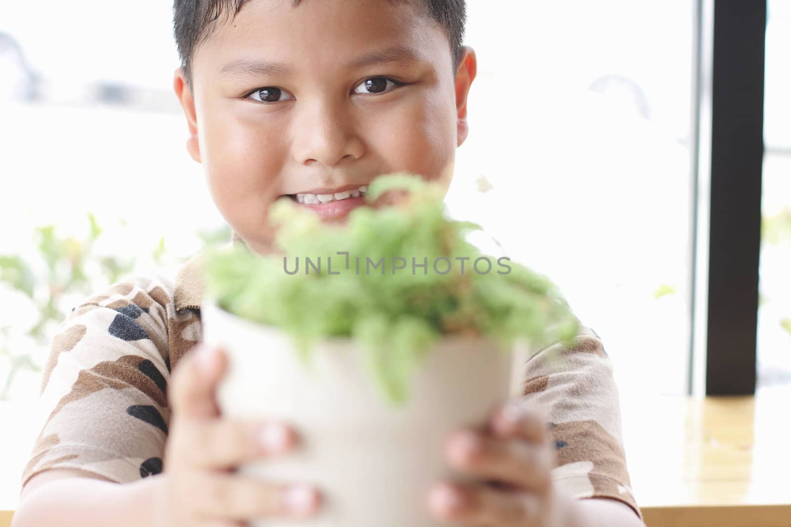 The boy is happy. With small trees.