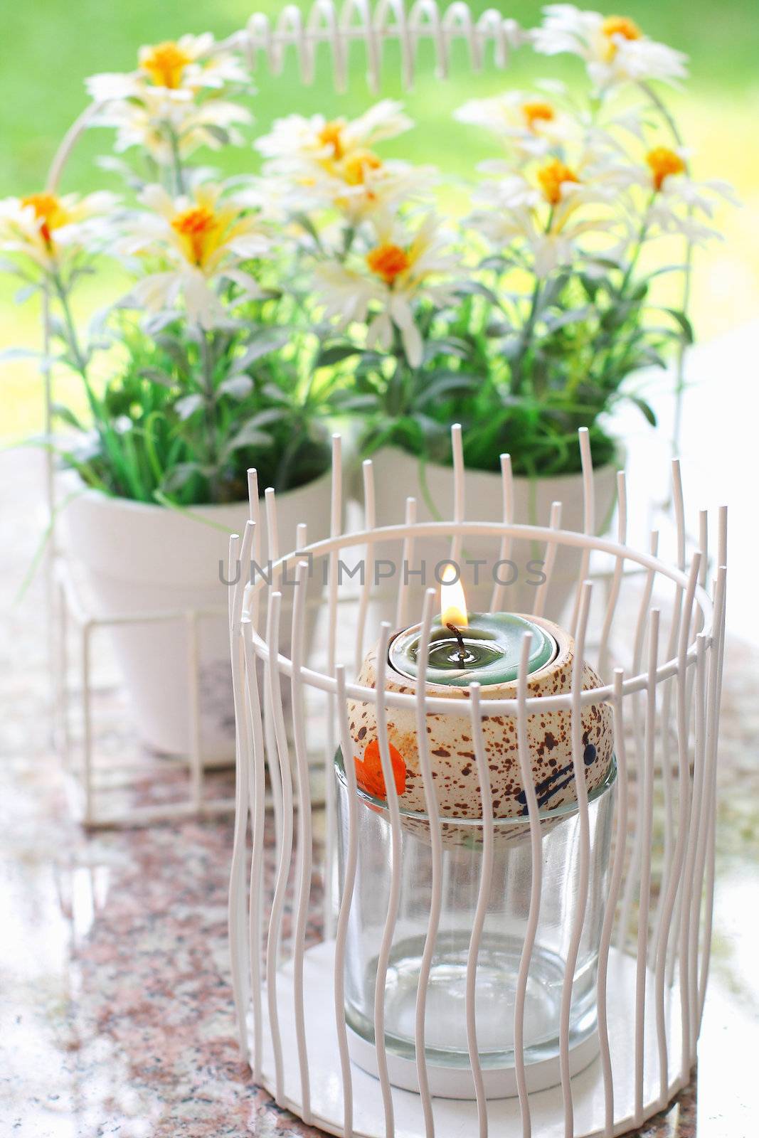 Candle fires with potted plants.