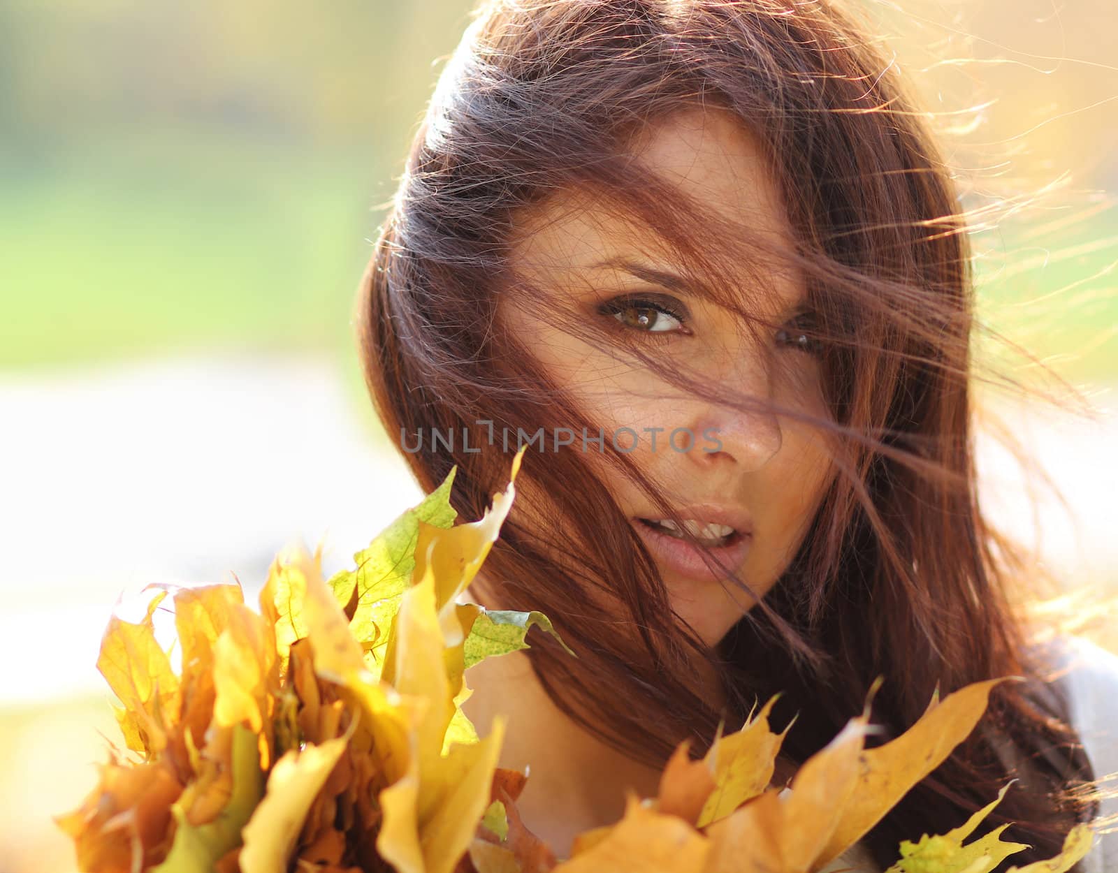 young beautiful girl with a bouquet of maple leaves