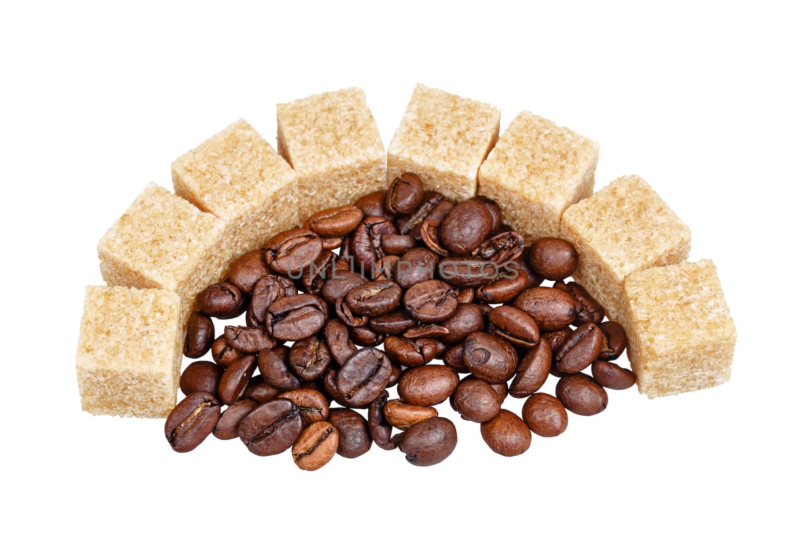 Coffee grains and refined sugar isolated on a white background, shot in studio