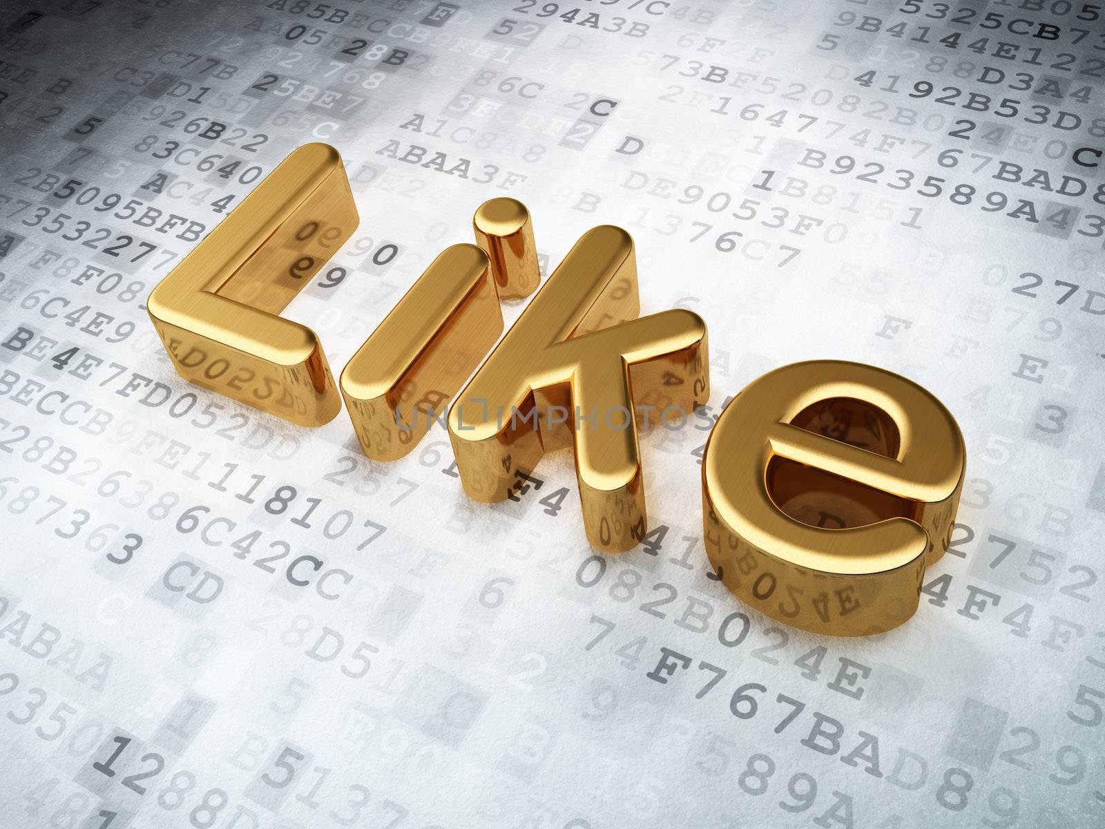 Social media concept: Golden Like on digital background, 3d render