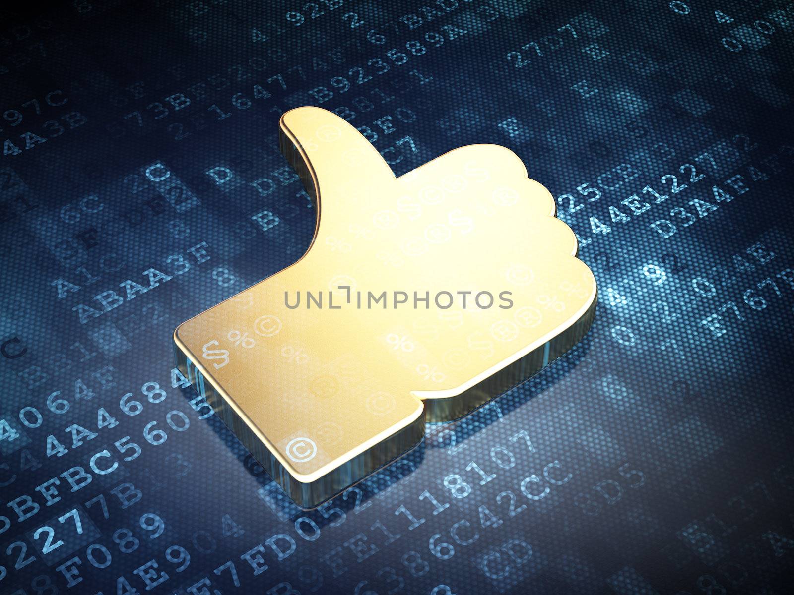 Social network concept: Golden Like on digital background, 3d render
