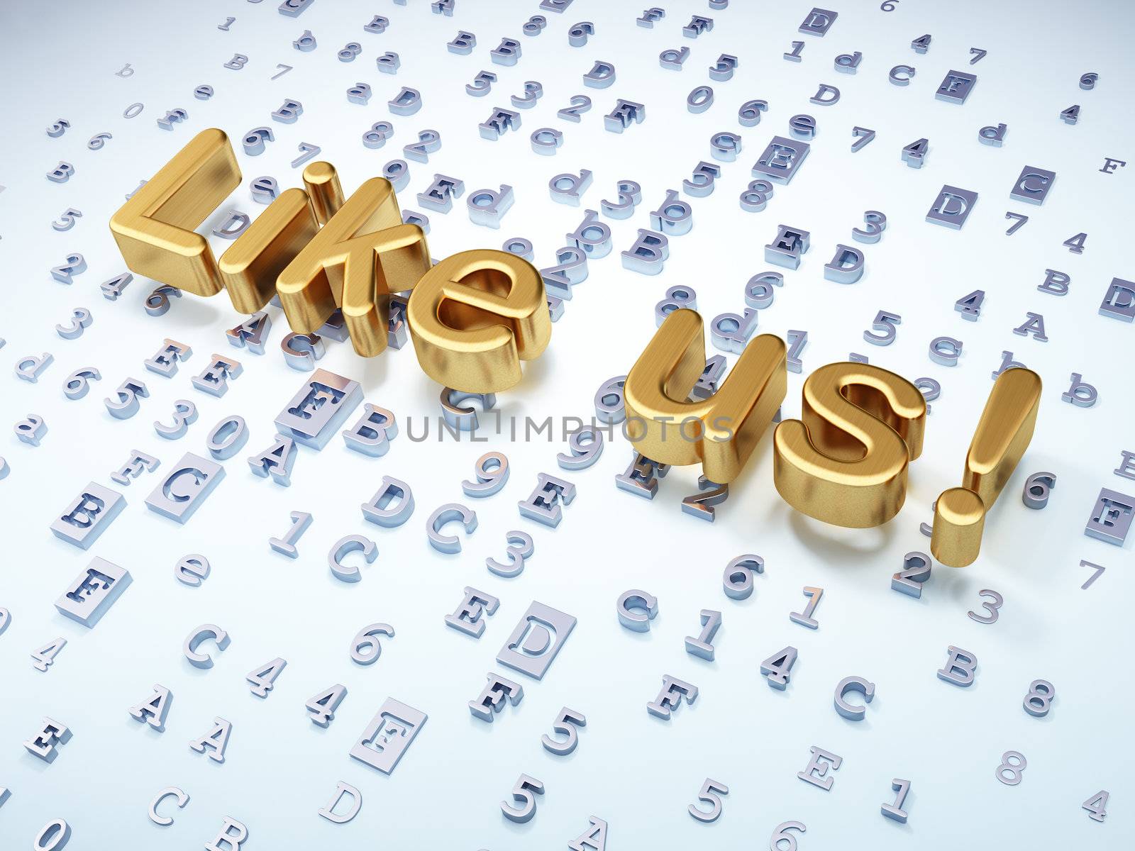 Social media concept: Golden Like us! on digital background, 3d render