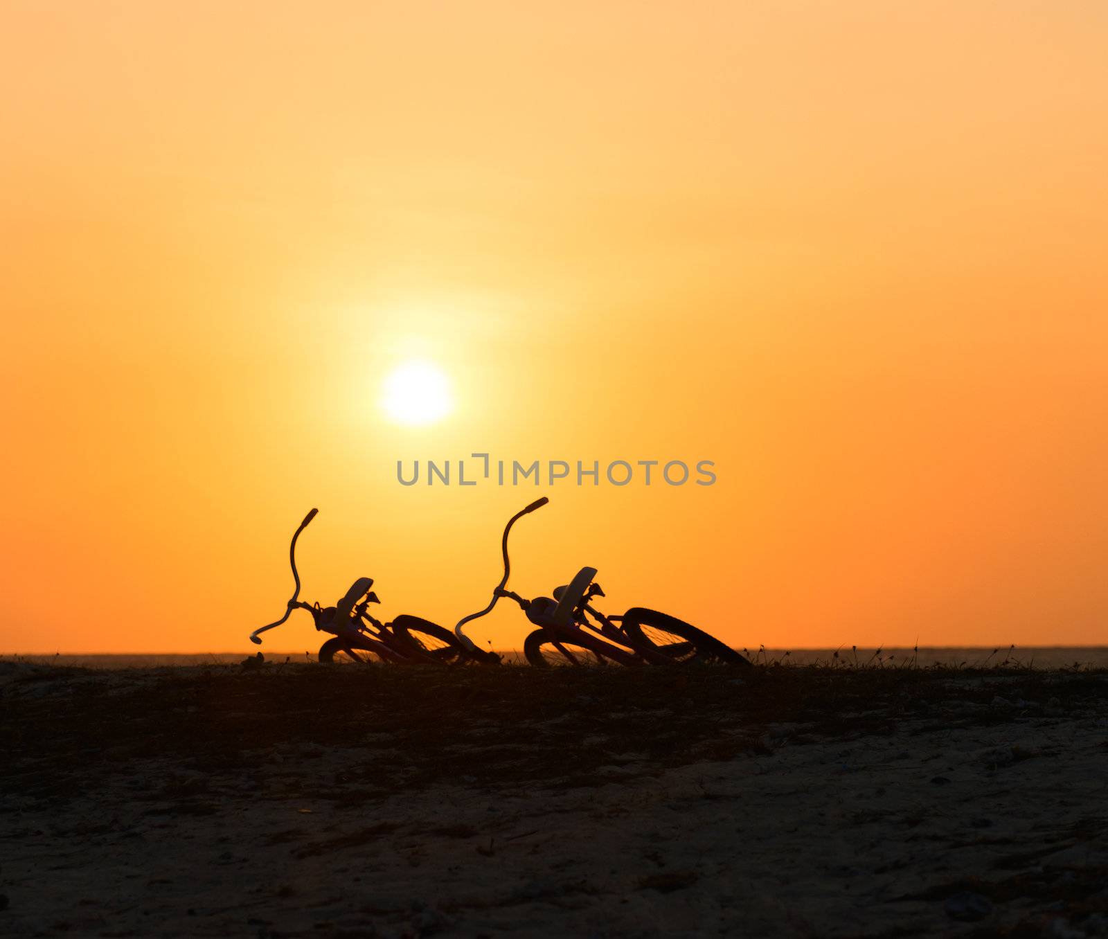 Two lying bikes silhouettes at the tropical sunset on a beach with bird in clear sky