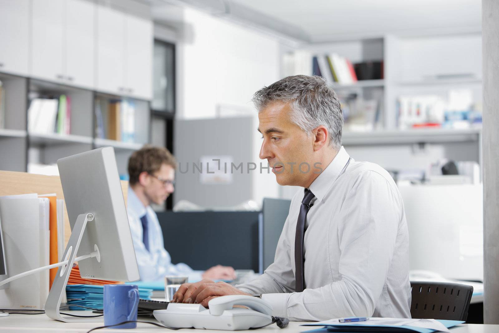 Mature businessman at desk working on computer