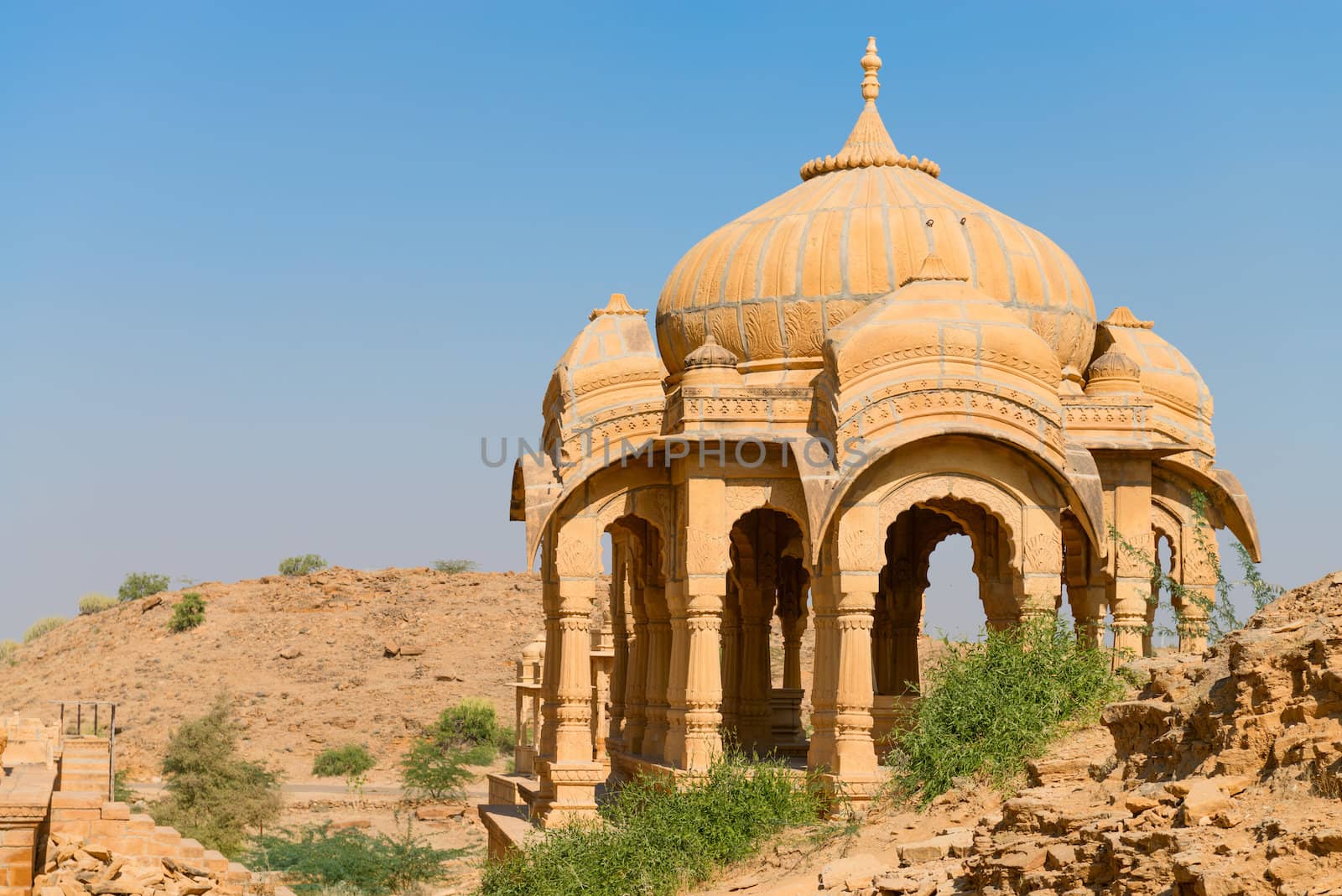 Chhatris on ruins of the royal cenotaphs of ancient Maharajas rulers in Bada Bagh, also called Barabagh (literally Big Garden), Jaisalmer, India